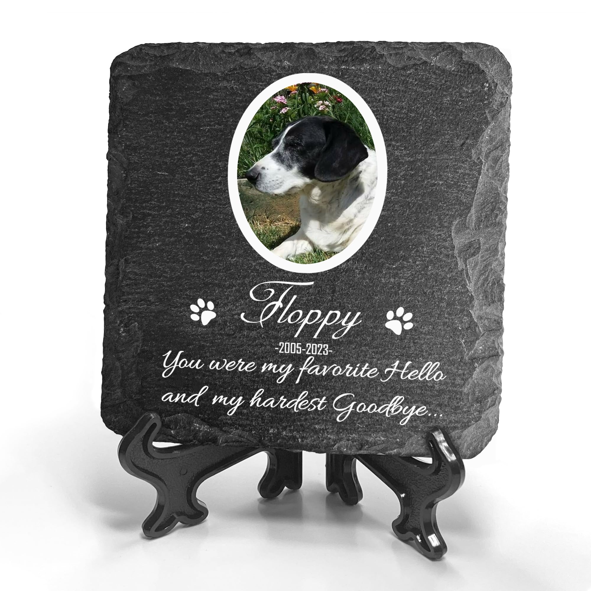 TULLUN Personalised Individual Square Memorial Small Plaque with Display Stand For Pet Cat Dog Slate Stone Frame Paw Grave Marker - Size 3.94" x 3.94" or 100 x 100 mm - White Frame Photo — image 1