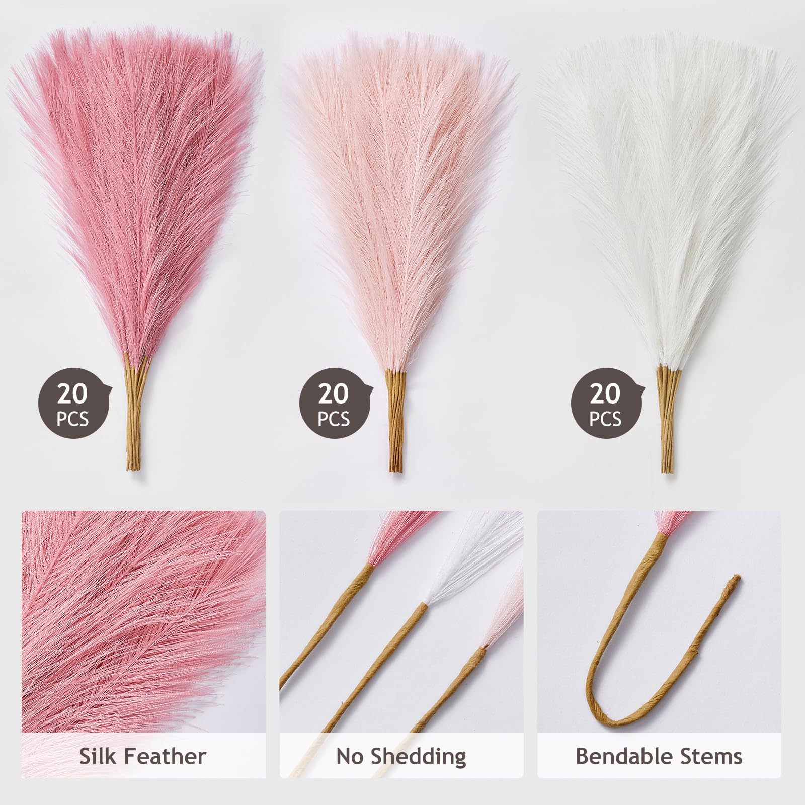 Serwalin 𝟲𝟬 𝙎𝙩𝙪̈𝙘𝙠 Rosa Pampasgras Dekor 45cm Kleine Rosa Pampasgras Künstliche Seidenblumen Home Decor Faux Federn für Vase Hellrosa Raumdekoration für Badezimmer Esszimmer Tisch Centerpiece