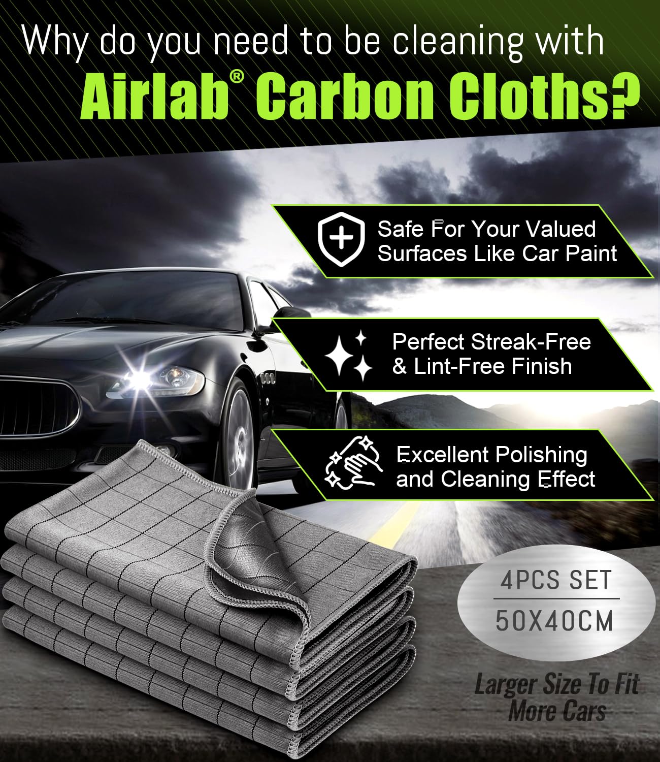 The Airlab Carbon Microfiber Towels are designed for effective, streak-free car cleaning.