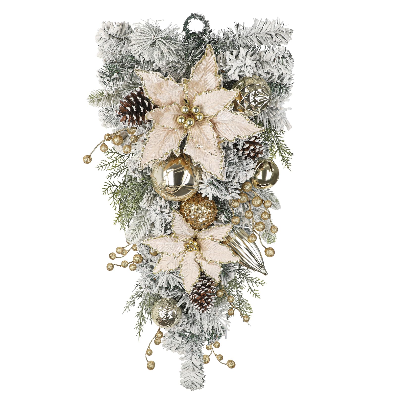 27.5" Artificial Christmas Teardrop Swag with Champagne Poinsettia, Pine Cones, Berries & Ornaments, White Cedar Branch Base for Christmas Thanksgiving Winter Holiday Front Door and Wall Decoration