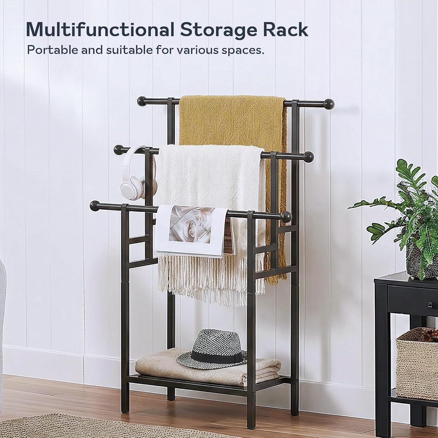 3 Tier Alloy Steel Towel Rack, 35" H Free Standing with Basket, Blanket Drying and Display for Oversized Bath Towels, Bathroom Accessories