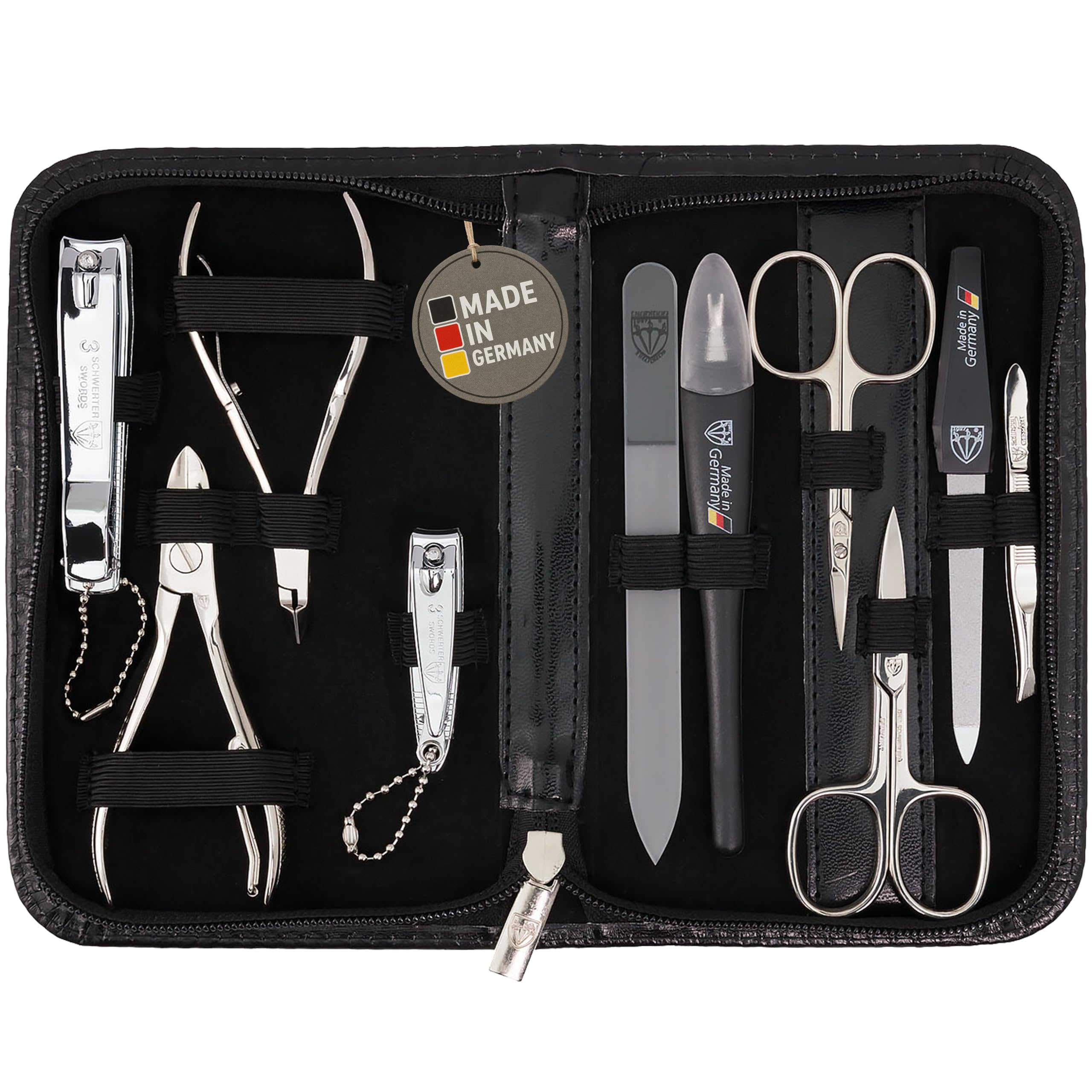 DREI SCHWERTER - Germany 10 piezas Set de manicura 'Spezia' | estuche de uñas en piel sintética negra | Contenido: tijeras para uñas, tijeras para cutículas, alicates, pinzas, lima de uñas de cristal