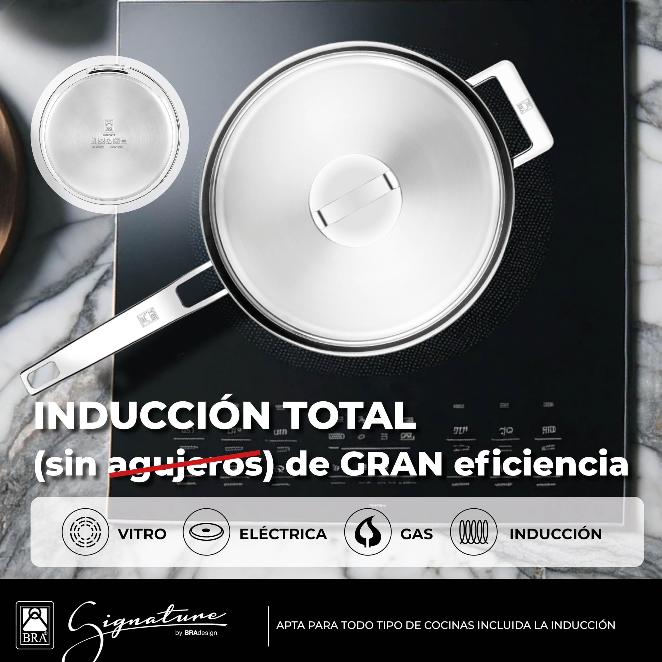 BRA Signature | Guisera con tapa 28 cm, Acero Inoxidable 18/10 | Sin Antiadherente, Acero Inoxidable 18/10, Compatible con todas fuentes de calor, Mango y Asas Acero Inoxidable