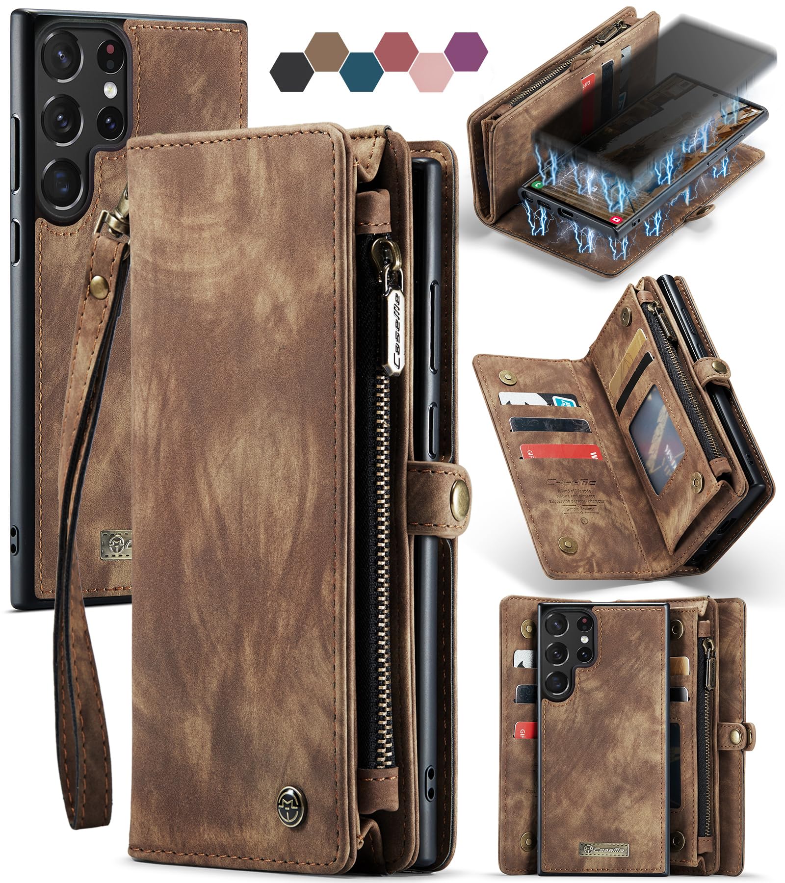 Samsung Galaxy S23 Ultra Wallet Case,Zipper Folio Leather Case Wallet with Card Holder Strap Wristlet Detachable Magnetic Protective Back Case for Samsung Galaxy S23 Ultra 5G 6.8 Inch (Brown)