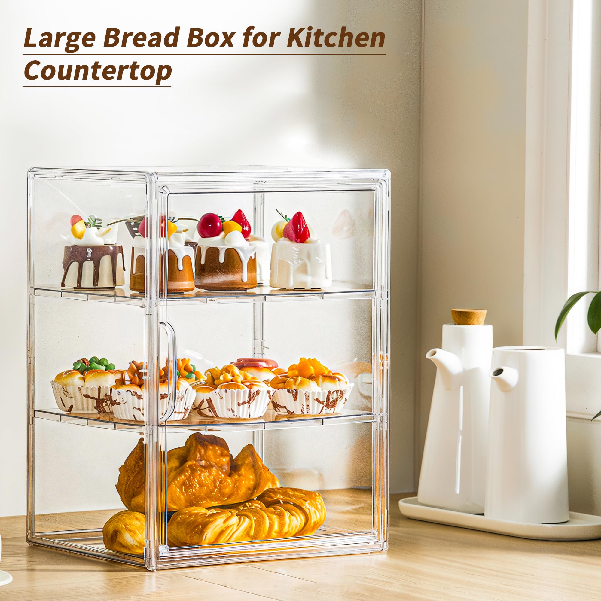 Panera transparente para encimera de cocina, vitrina de pastelería, 3 capas ajustables para almacenamiento de pan con puerta magnética, exhibición de pastelería (grande, 2 piezas)