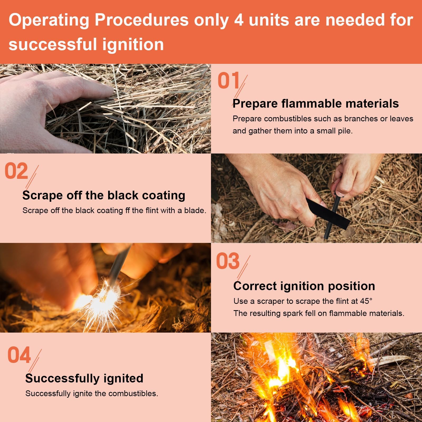 Set di 2 Pietra Focaia di Sopravvivenza, Acciarino di Fuoco Sopravvivenza, Selce per Fuoco, con Paracord di qualità Oltre, Raschietto per Campeggio Trekking Escursioni