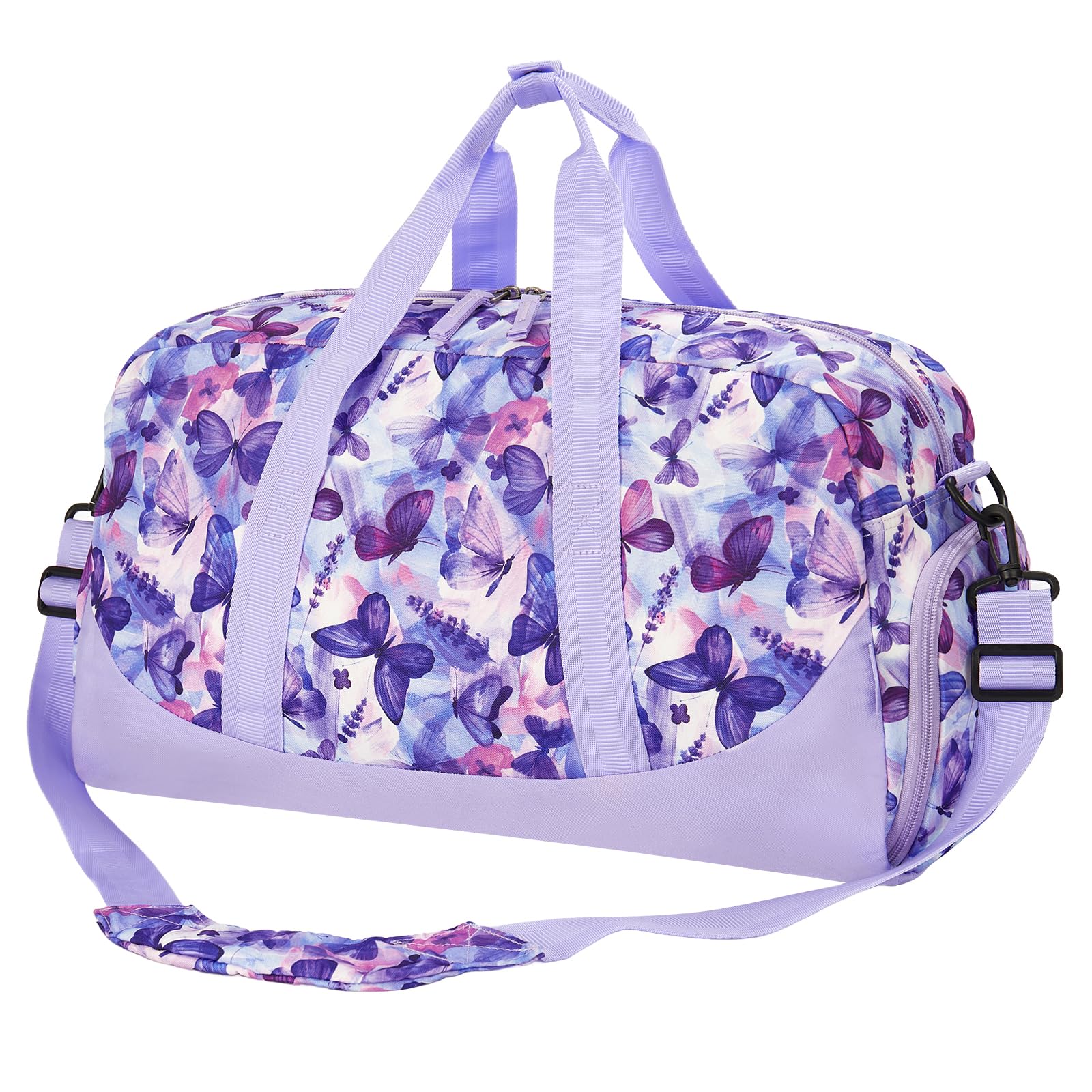 Choco Mocha Duffle Bag Kids Girls - Butterfly Overnight Bags for Kid with Shoes Compartment, Cute Weekender Bag for Sleepover Travel, Purple