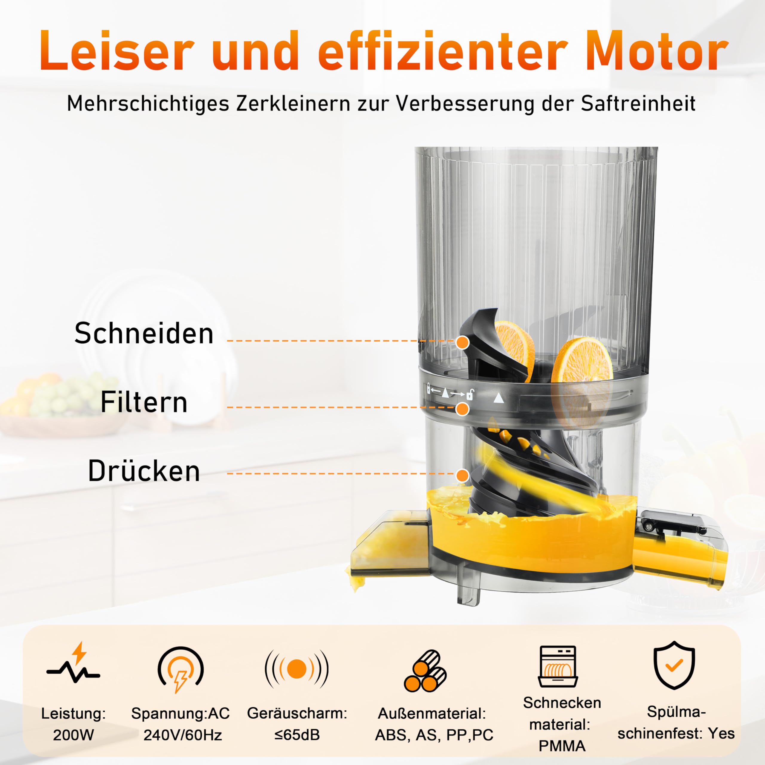Kaltpresse, Entsafter, Entsafter mit 11,9 cm breitem Zuführungsschlauch, 99% hohe Leistung