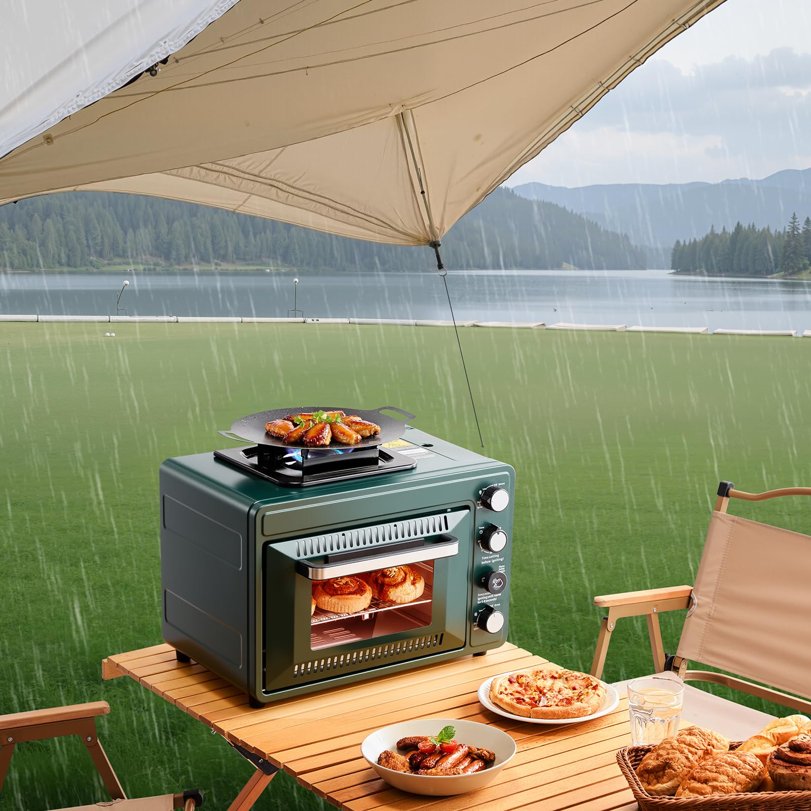 VEVOR Outdoor Ofen 2 in 1 tragbarer Campingofen, einstellbare Feuerrate, 60-Minuten-Timer, winddicht, mit Grillrost und Bratblech, für Campingausrüstung Picknick im Garten Kochen im Freien