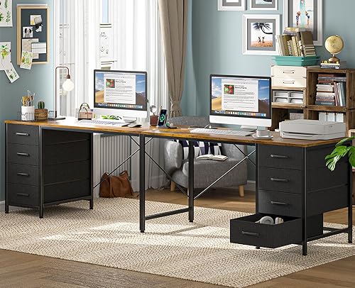 Miniatura 8 de TVU Escritorio para 2 personas de 95" con 8 cajones, escritorios grandes para escribir de oficina en casa con enchufes, estación de trabajo en forma