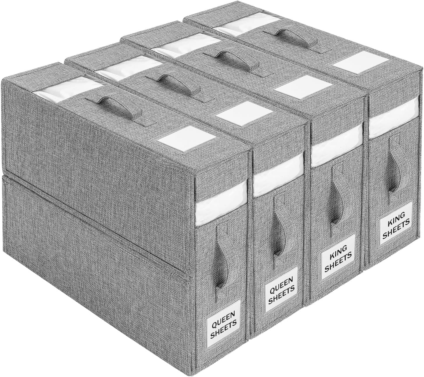 U-HOOME Large Bed Sheet Set Organizer and Storage,Foldable Storage Box for Linen Closet Organizers w/Window,Storage Bins Bedding Container for Sheet Sets,Duvet Covers,Blankets and Pillow (Grey-4pcs)