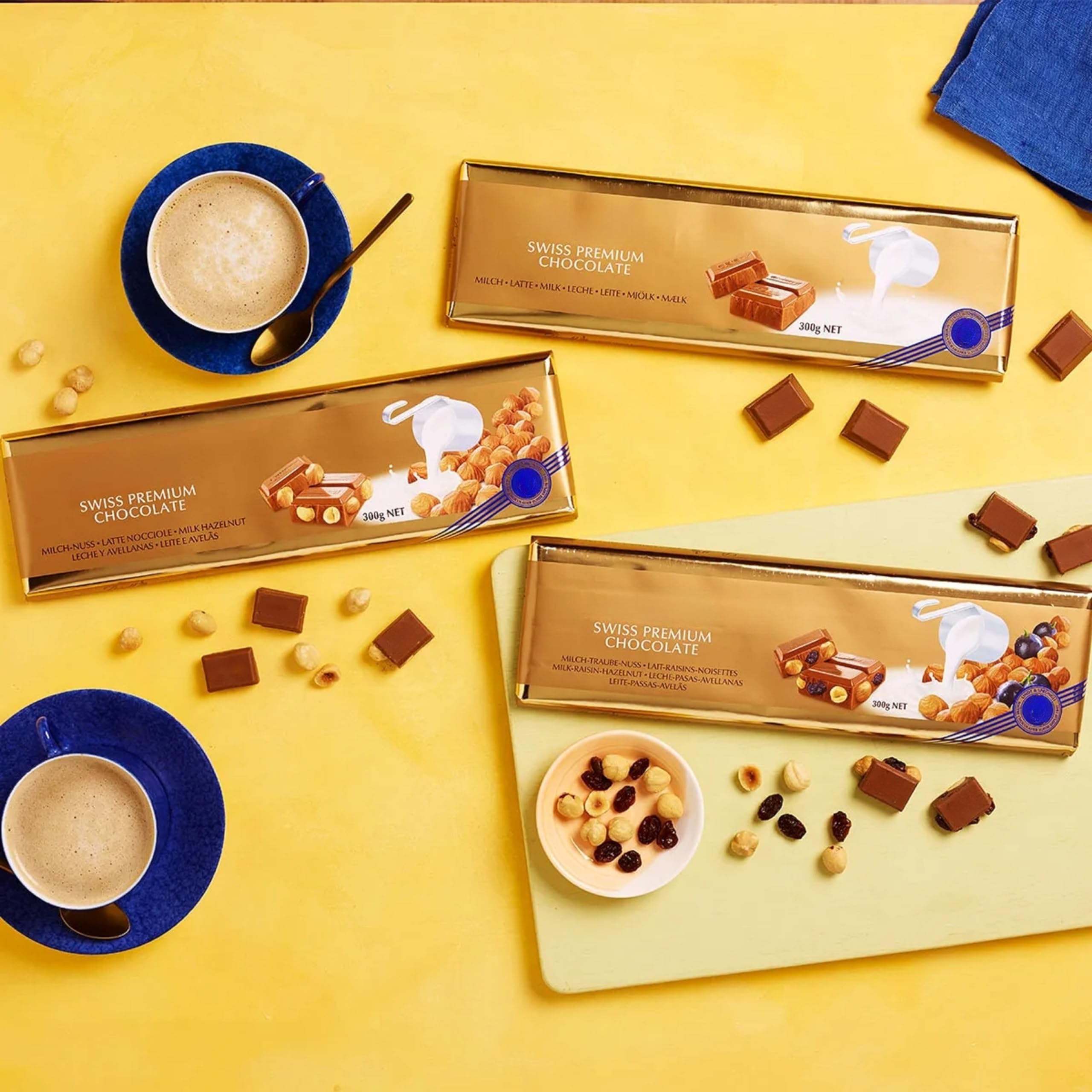 Swiss Chocolates Bars Bulk Buy - Luxury 3 x 300g Irresistible Smooth Hazelnut, Milk Bar & Hazelnut - Raisins Golden Milk Chocolate Bars for Chocolate Hamper, Birthday Gifts with Topline Card