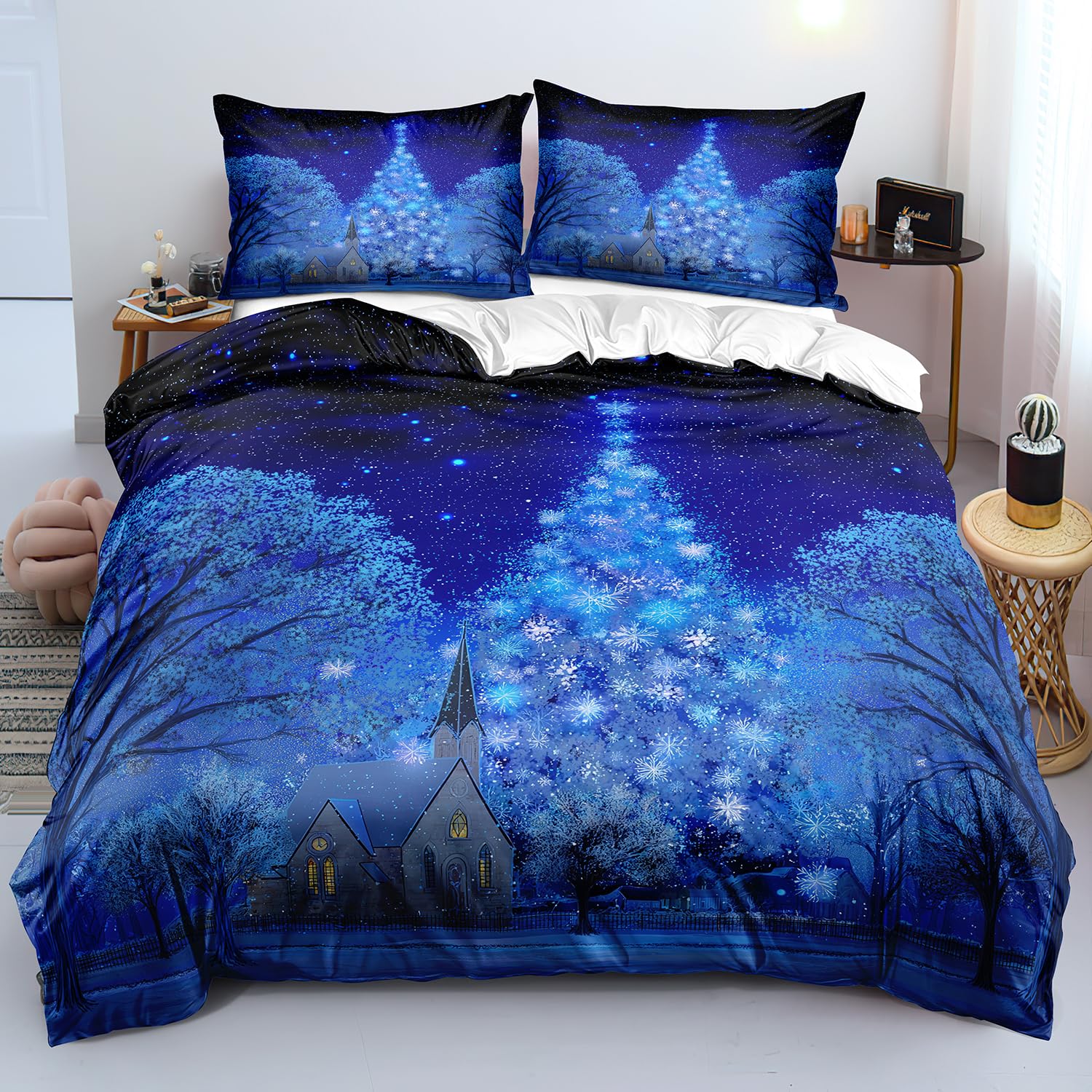 Parure de lit flocons de neige Noël avec housse de couette festive d'hiver