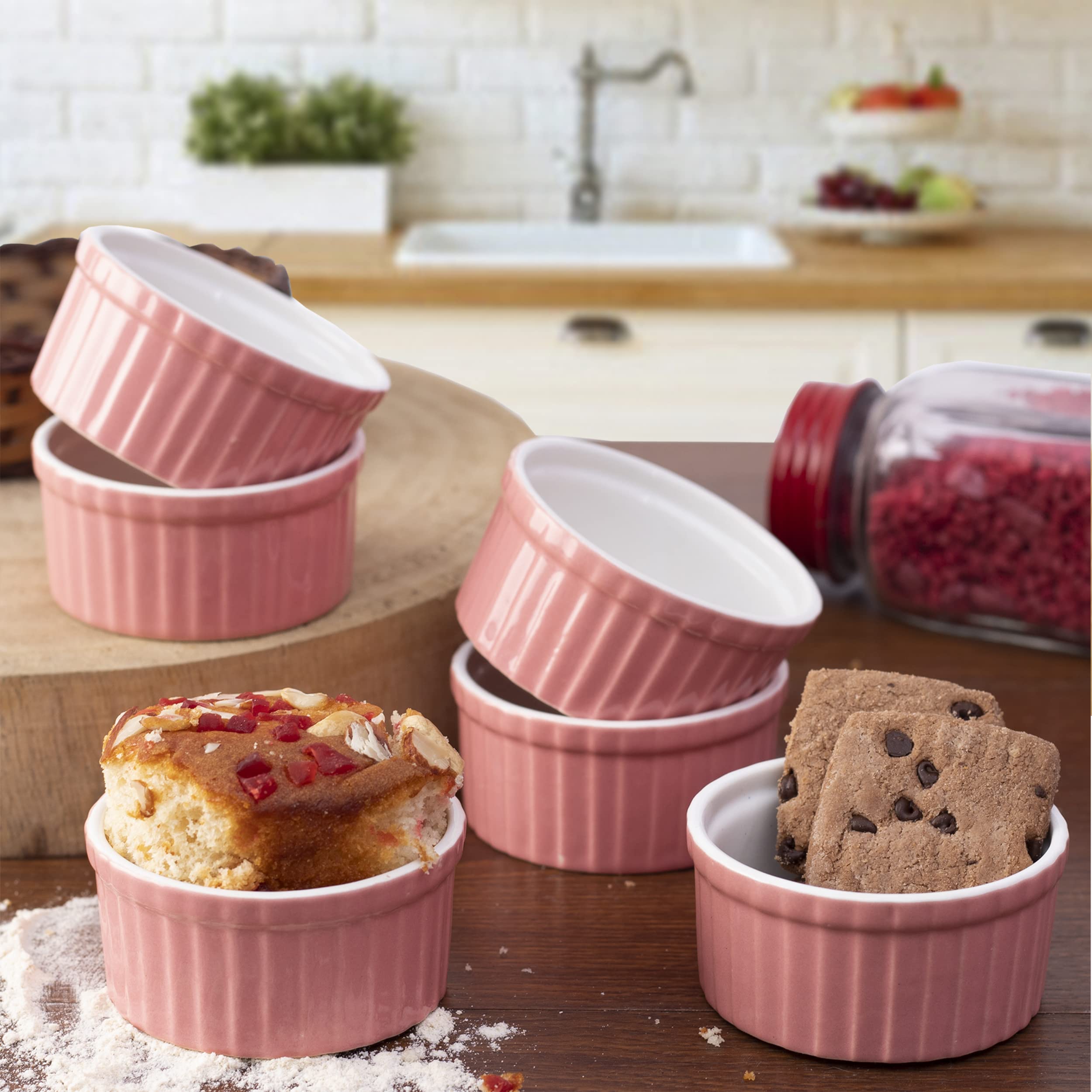 LupaavaCeramic Ramekin Bowl/Soufflé Dish for Baking and Serving Puddings, custards or Other Desserts - Set of 6 (Pink)