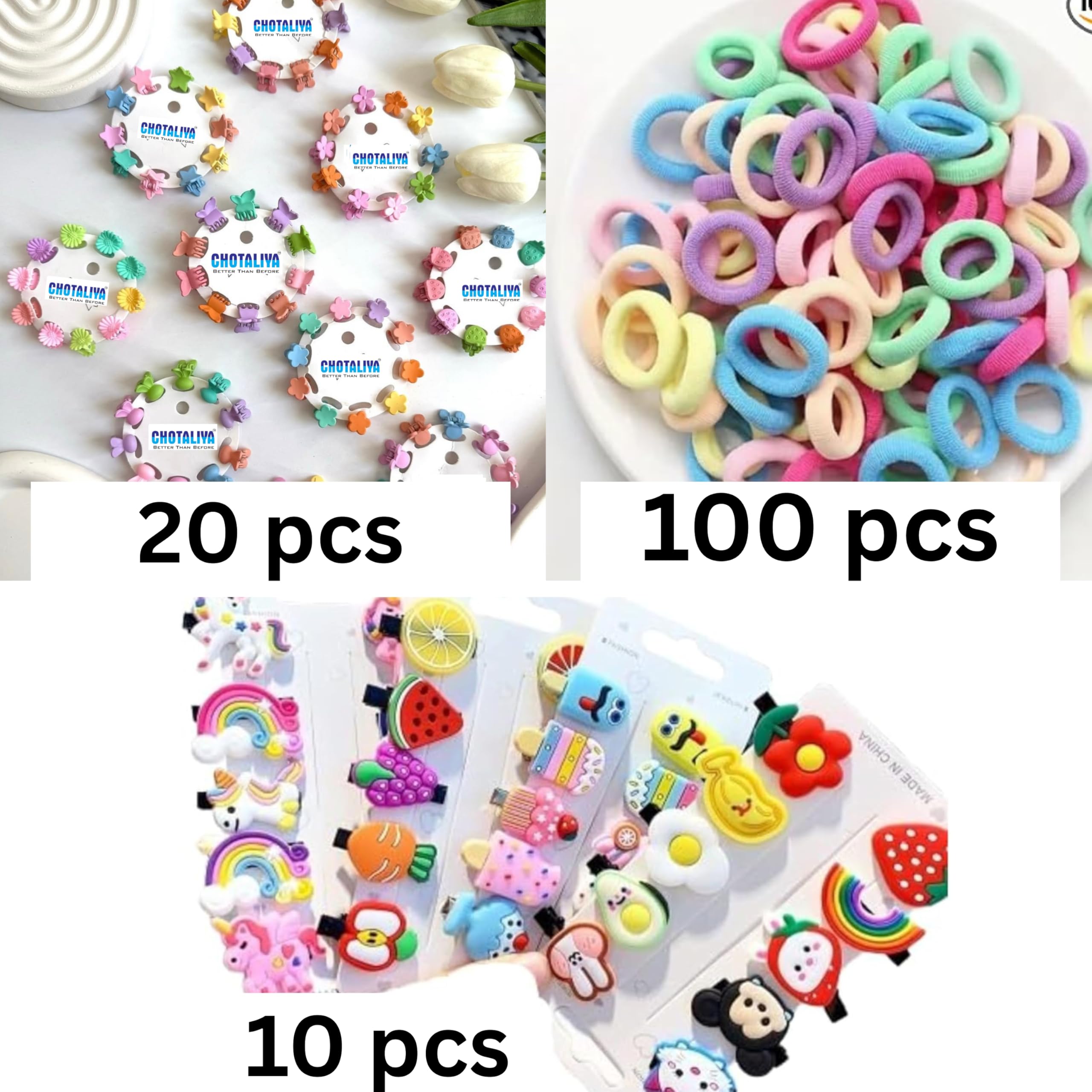 CHOTALIYA 129Pcs combo Baby Hair Accessories 20pcs Mini Hair Clip 10 pcs Cute Fruit Cartoon Animal 100pcs Baby Hair Ties for Girls and Kids Hair Pin for Kids & Small Girls (Random Designs) 1