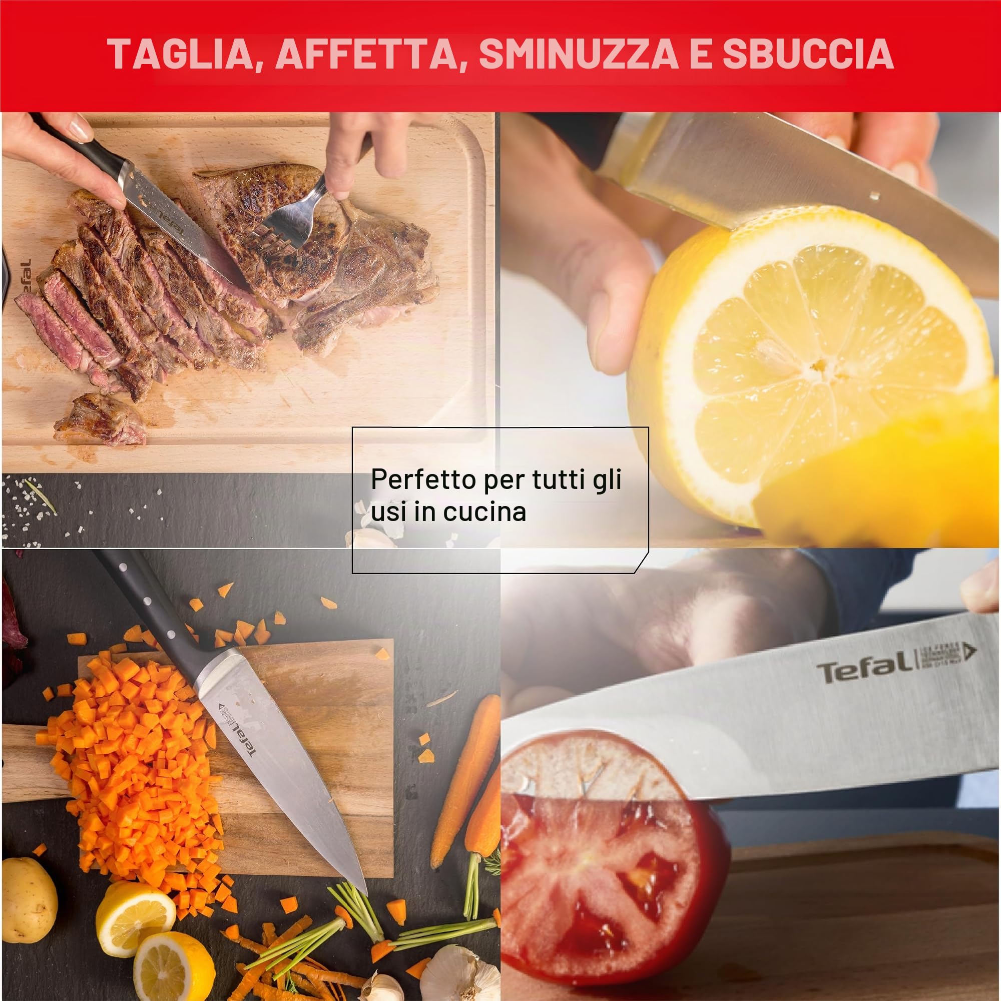 Tefal Ice Force - Set 4 coltelli da cucina, lame in acciaio inossidabile tedesco, K2324S74, garanzia 10 anni, taglio e tagliente ad alte prestazioni