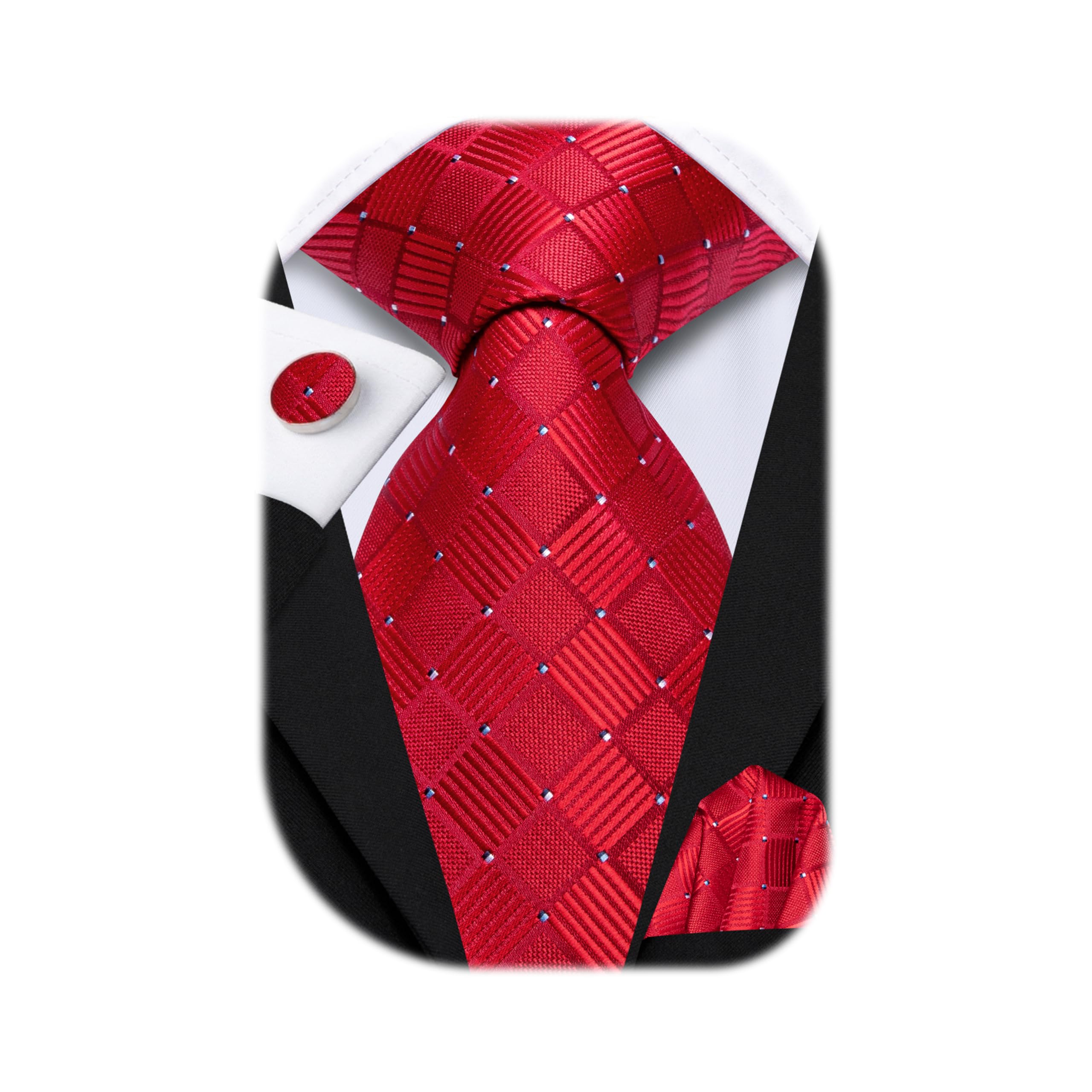 Hi-Tie Mens Plaid Ties Classic Paisley Necktie with Handkerchief Cufflinks Set Business Stripe Tie