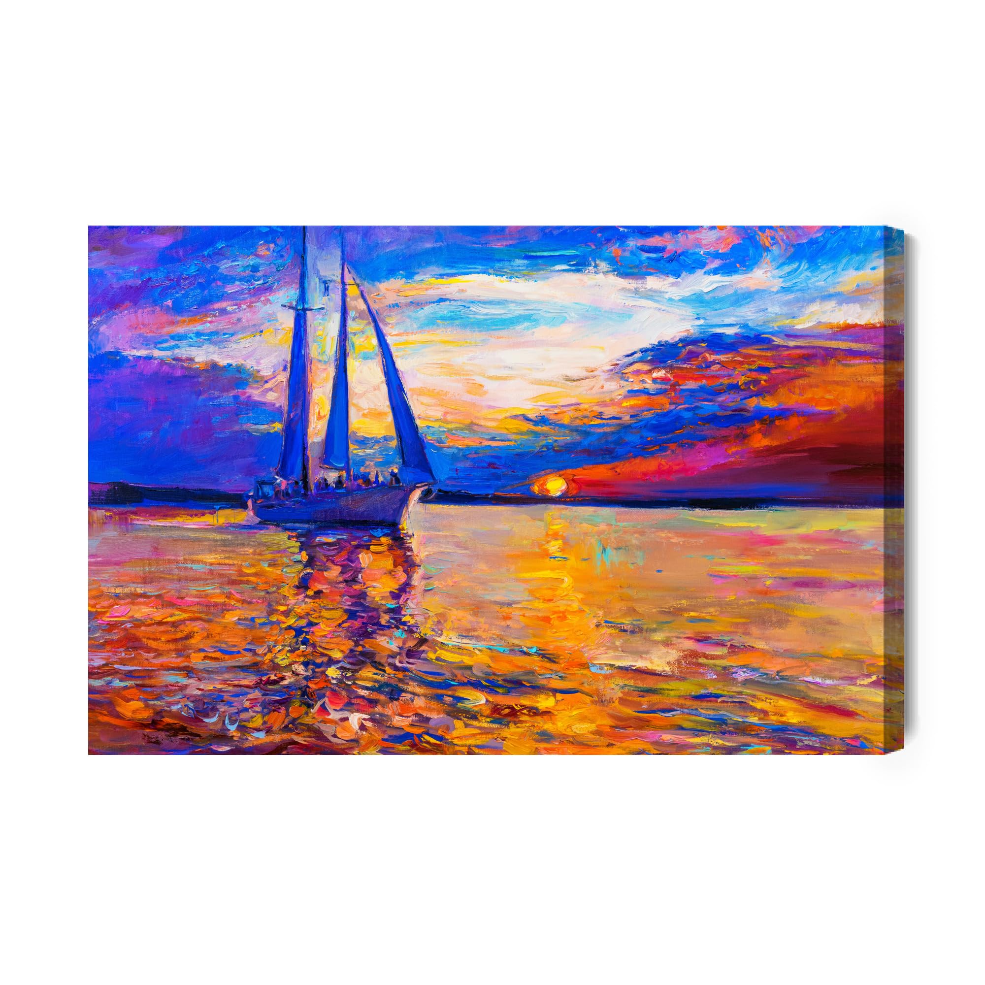 WALLERO HandArt Leinwandbild Farbiger Sonnenuntergang am Meer – mit Struktur-Effekt | Kunstbilder wie handbemalte Wandbilder für Wohnzimmer Schlafzimmer Flur 70x50