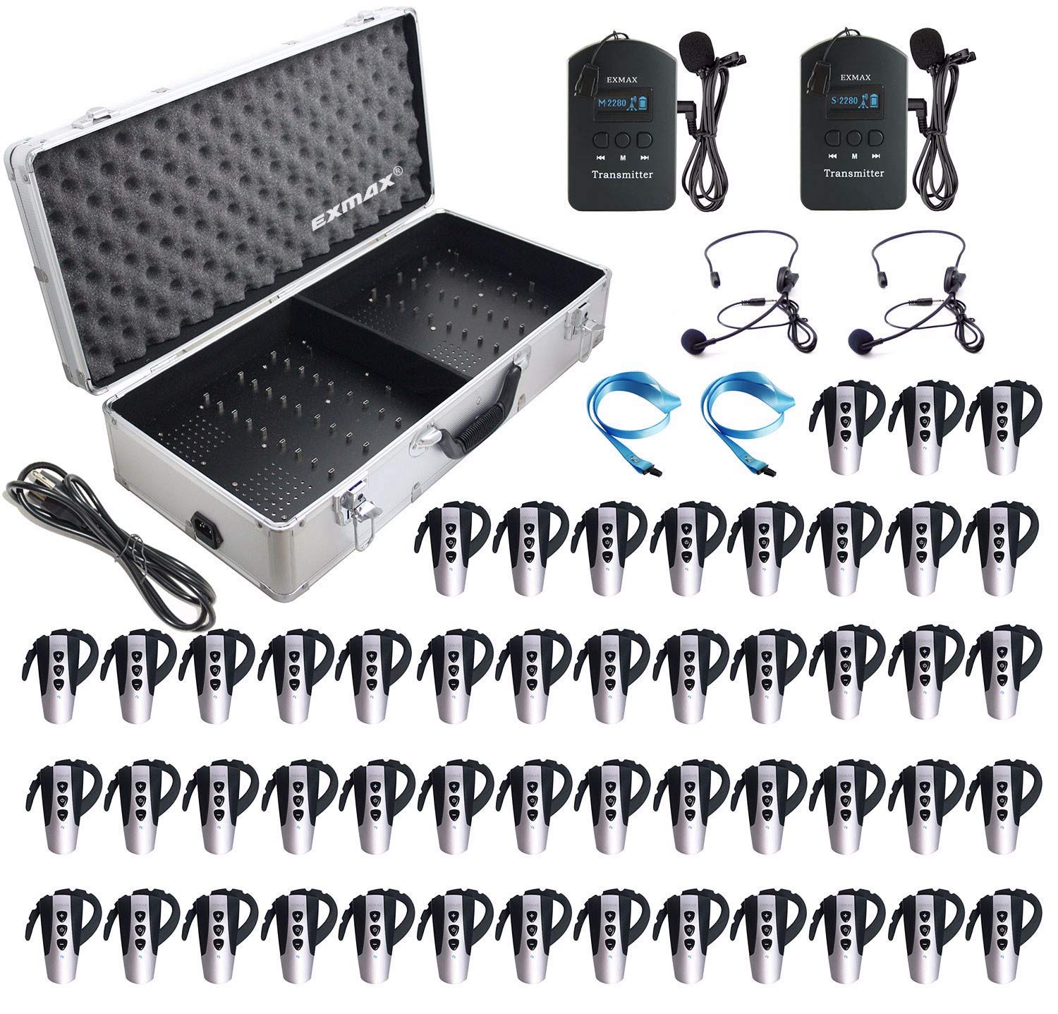 EXMAX EXD-6824 2.4GHz Wireless Handsfree Assisted Listening Systems up to 1-150M Transmission Range for simultaneous interpreting,Church - 2 Transmitters & 50 Receivers with 64-slot Charging Case