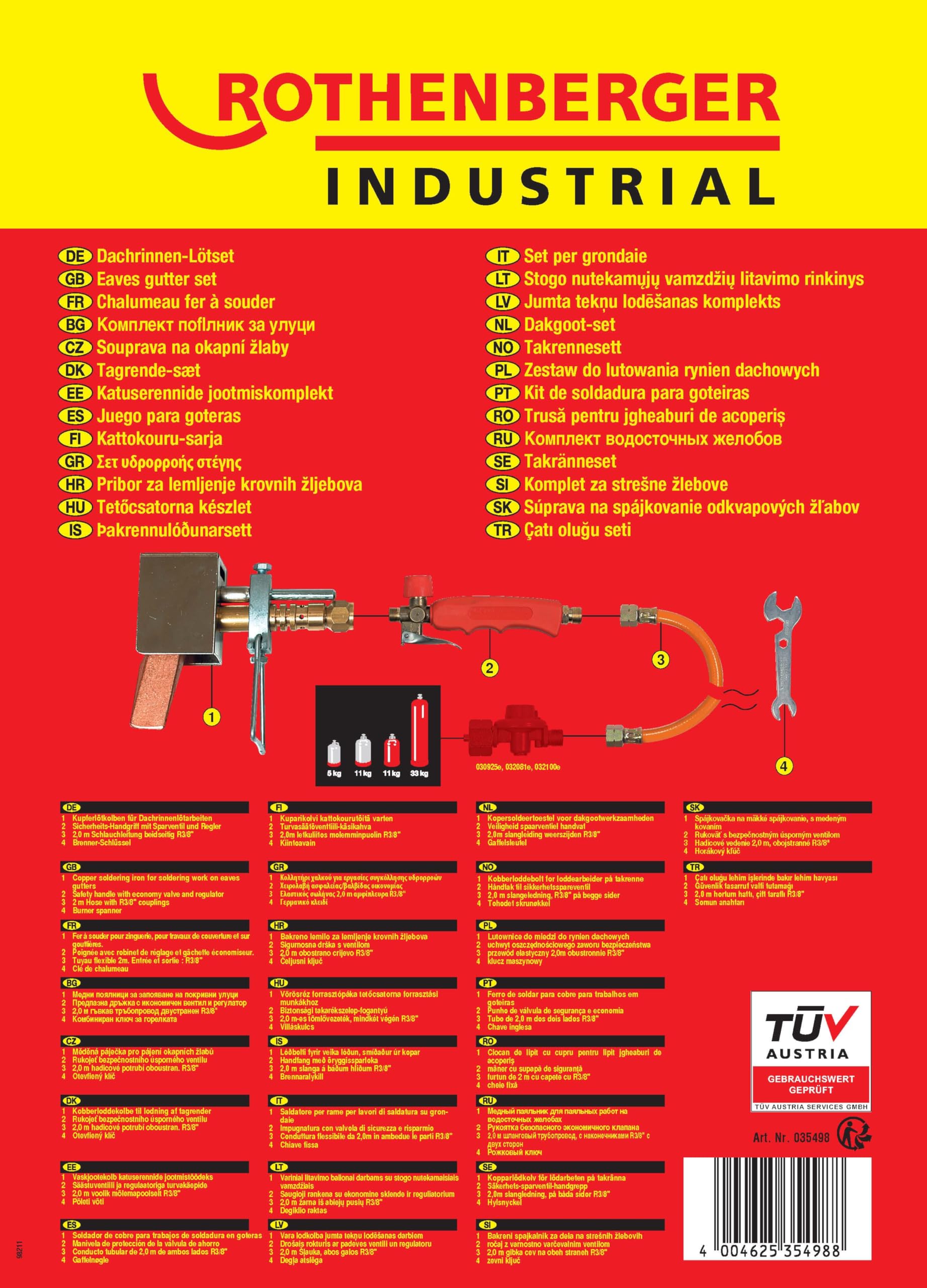 ROTHENBERGER Industrial Ensemble de soudure pour tuyau de descente de gouttière, fer à souder, fer à souder en cuivre, y compris un tuyau de propane de 2,0 m, température de travail de 800°C 35498