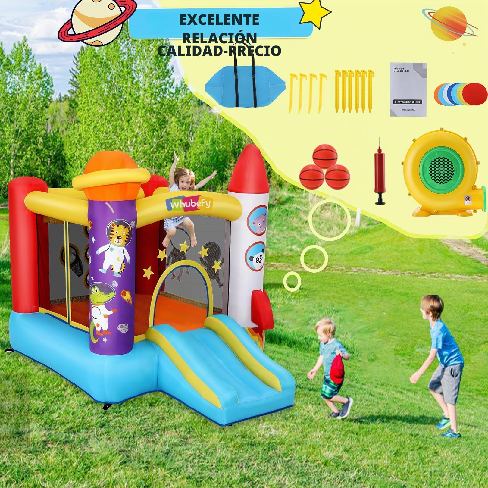Castillo Hinchable para niños pequeños (2-8 años), Castillo Hinchable con soplador, área de Juego de astronautas y Zona de Tiro, Castillo Hinchable de Cohetes para Fiestas en Interiores y Exteriores