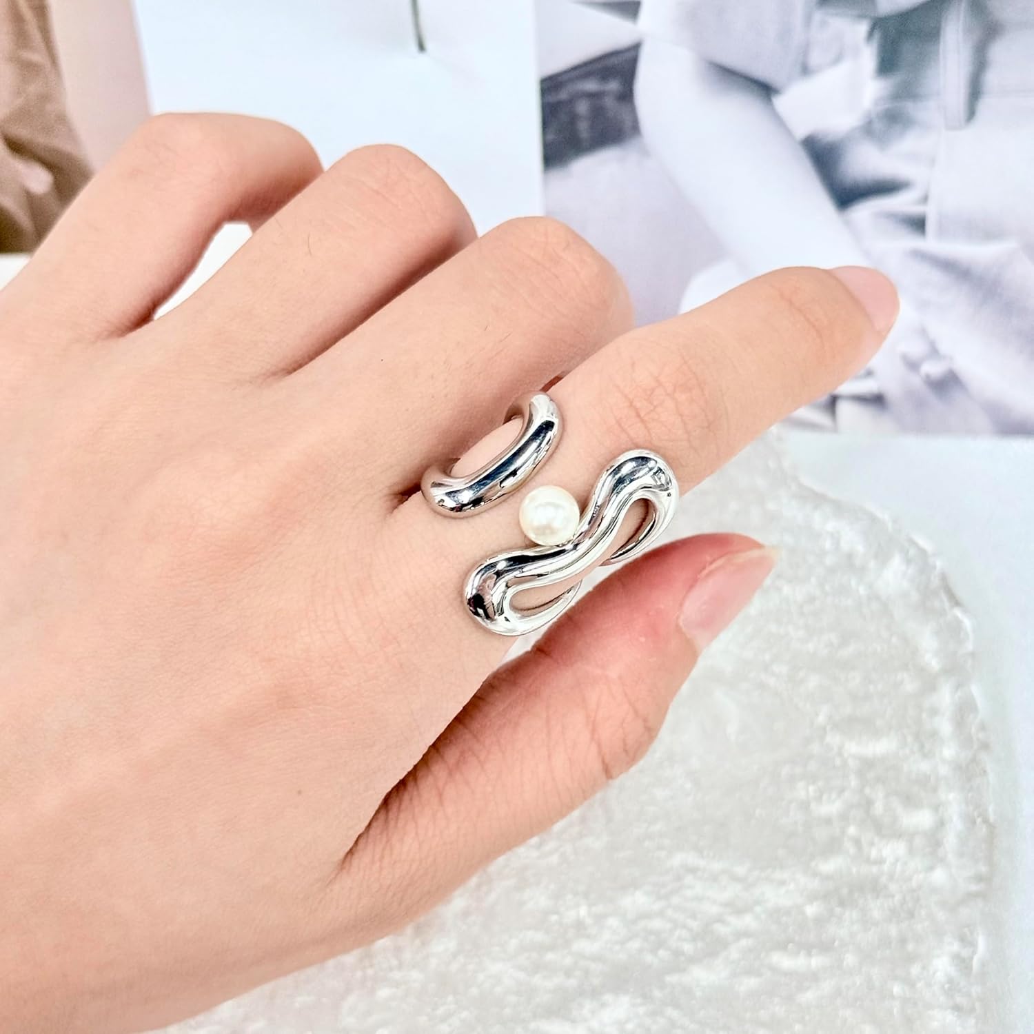 Kokoma Minimalist Wrap Finger Ring for Women Pearl Open Statement Ring Stacking Band Rings Eternity Promise Rings Comfort Fit Fashion Jewelry - Image 2