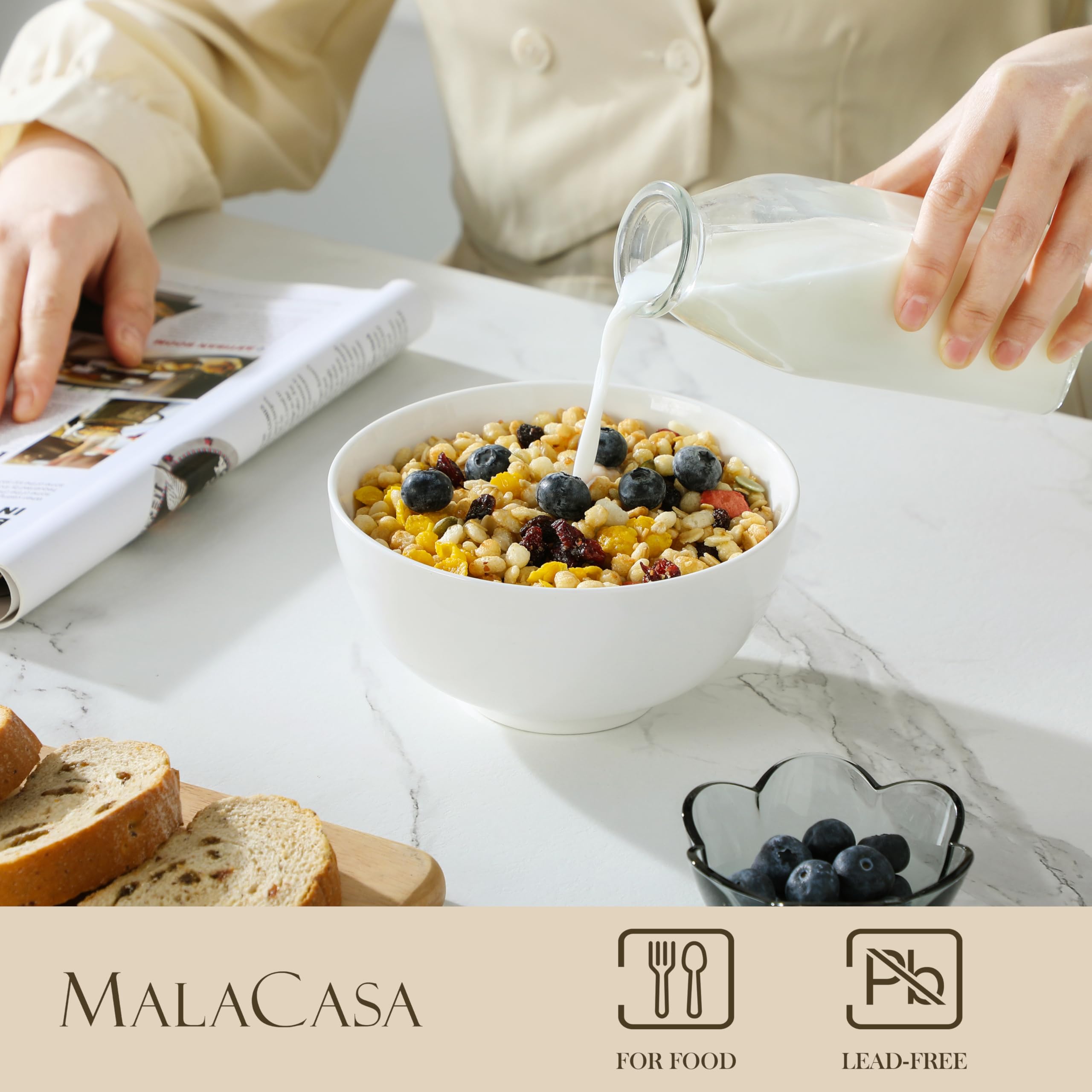 MALACASA Serie REGULAR, 6 Ciotole per Cereali in Porcellana Bianca da 780 ml, Ciotole Rotonde per la Colazione (15,2 cm), Ideali per Zuppe, Insalate e Riso