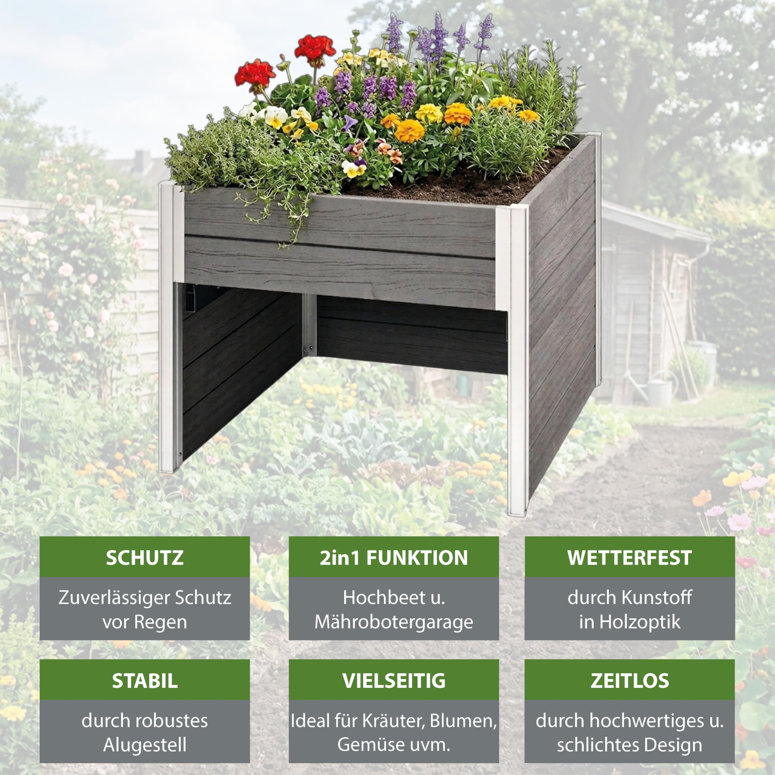 TRUTZHOLM Hochbeet mit Mährobotergarage 2in1 Holzoptik 73x79x56 cm Rasenroboter Garage Pflanzkasten anthrazit