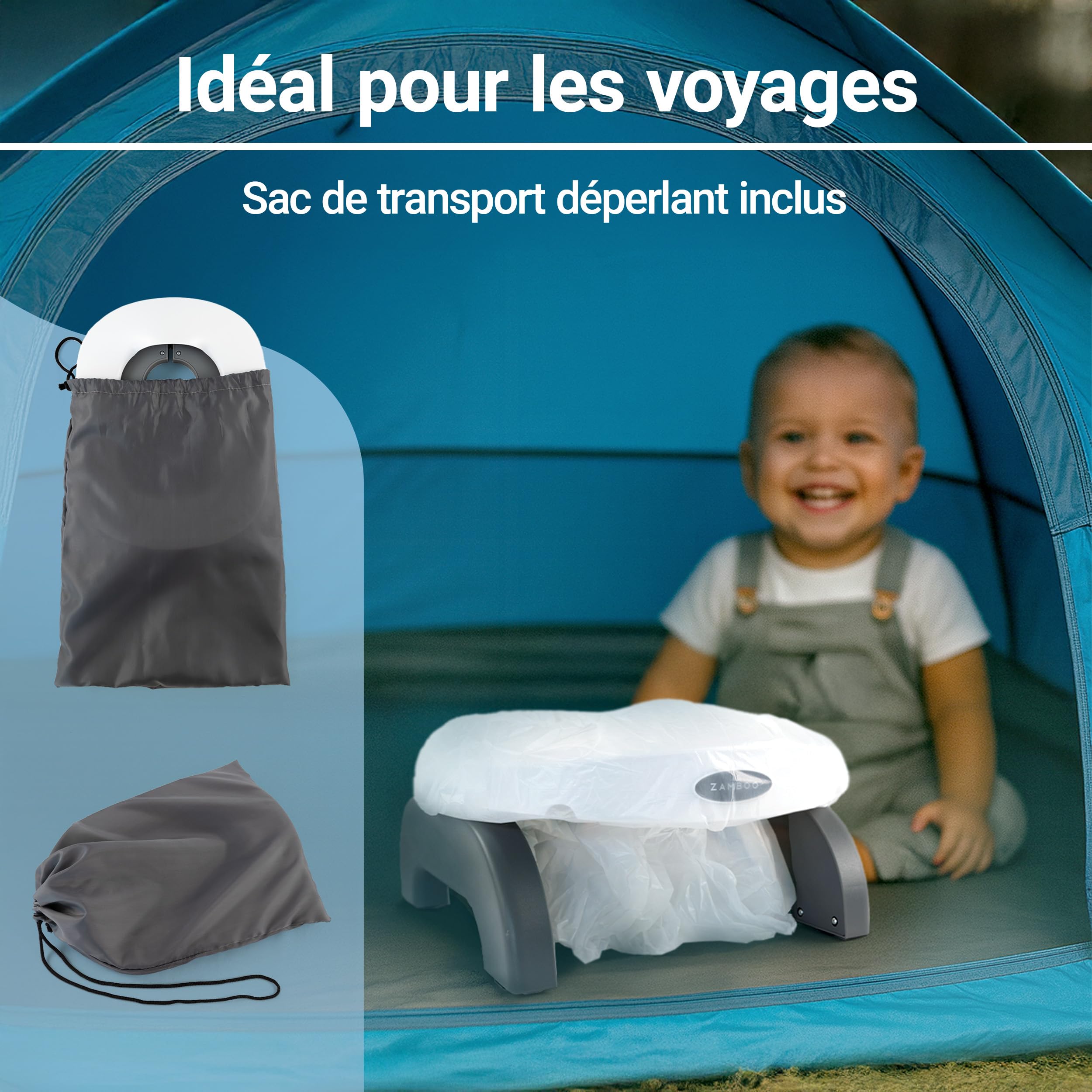 Zamboo Toilette Portable Enfant 3en1 – Pot Bebe & Réducteur Toilette pour Enfants dès 15 mois | Pot Pliable Enfant Voyage et Maison, Anti-Eclaboussure, Utilisable avec Sacs Jetables, Gris