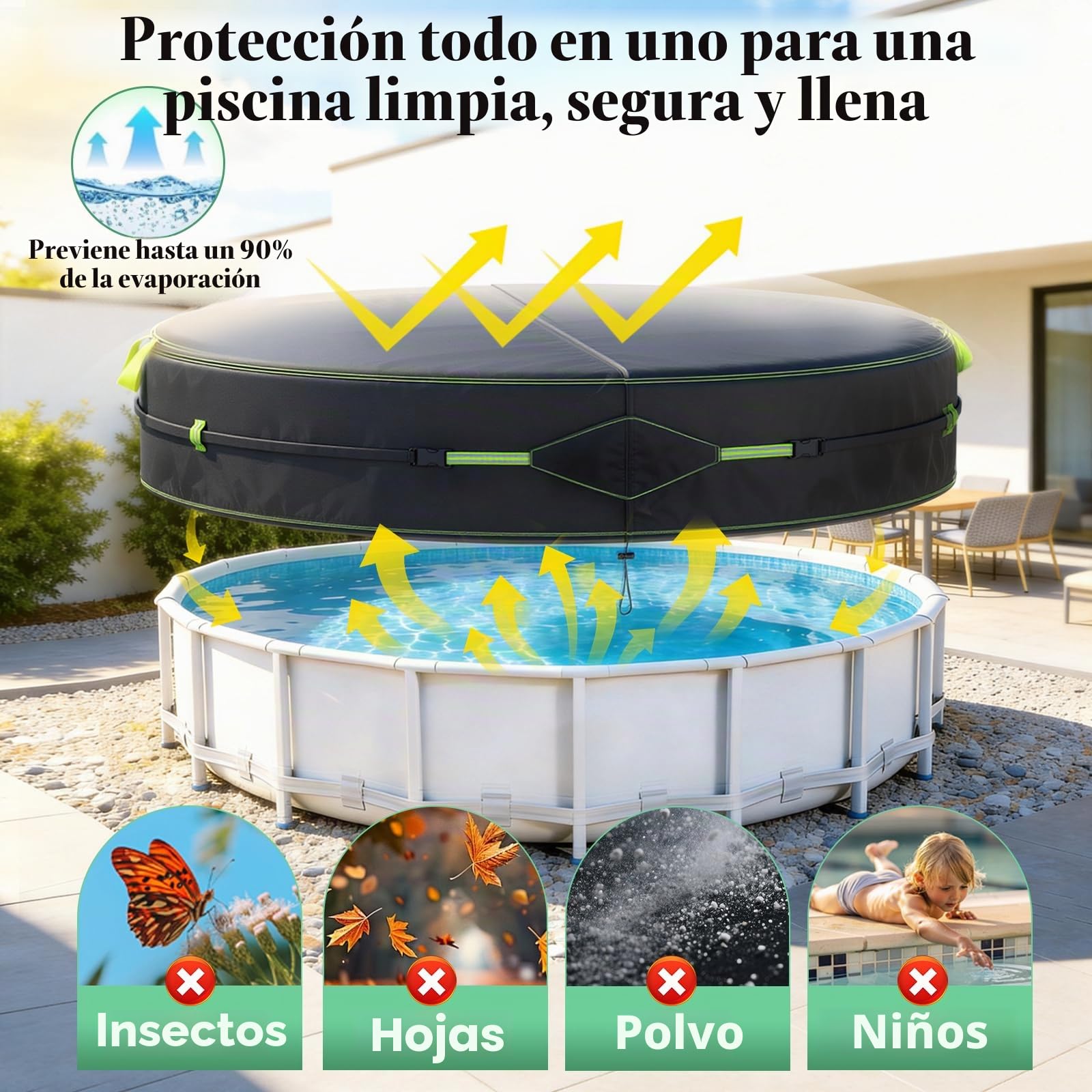 Cubierta para Piscina, Lona Piscina con Tiras Reflectantes, Estaca Luminosa, con Protección UV, Hermética al Polvo, para Piscinas Elevadas y Trampolines, Ø304 (260-302cm), Negro