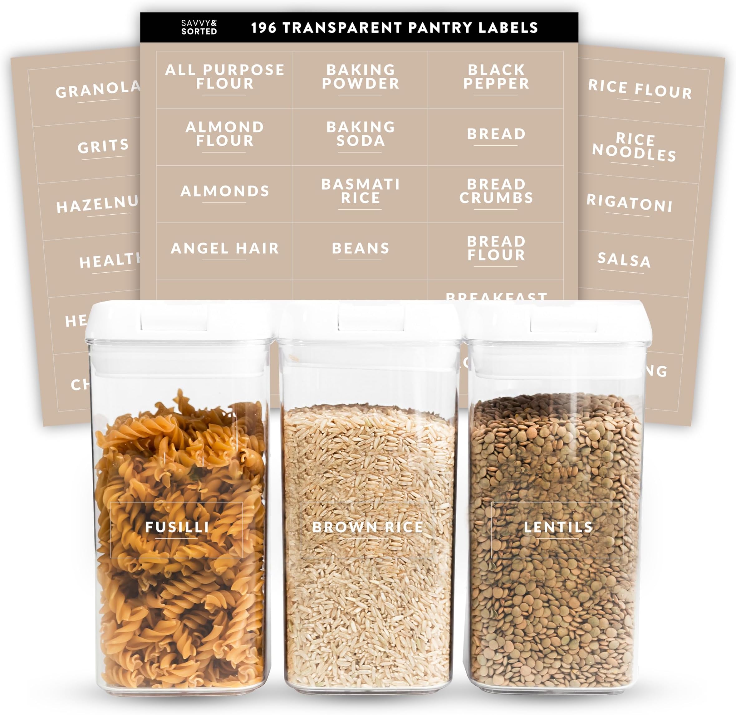 SAVVY & SORTED Pantry Labels for Food Containers, 198 Modern Font Kitchen Labels for Containers on Clear Sticker, Waterproof Scratch Resistant, Organize Pantry Essentials