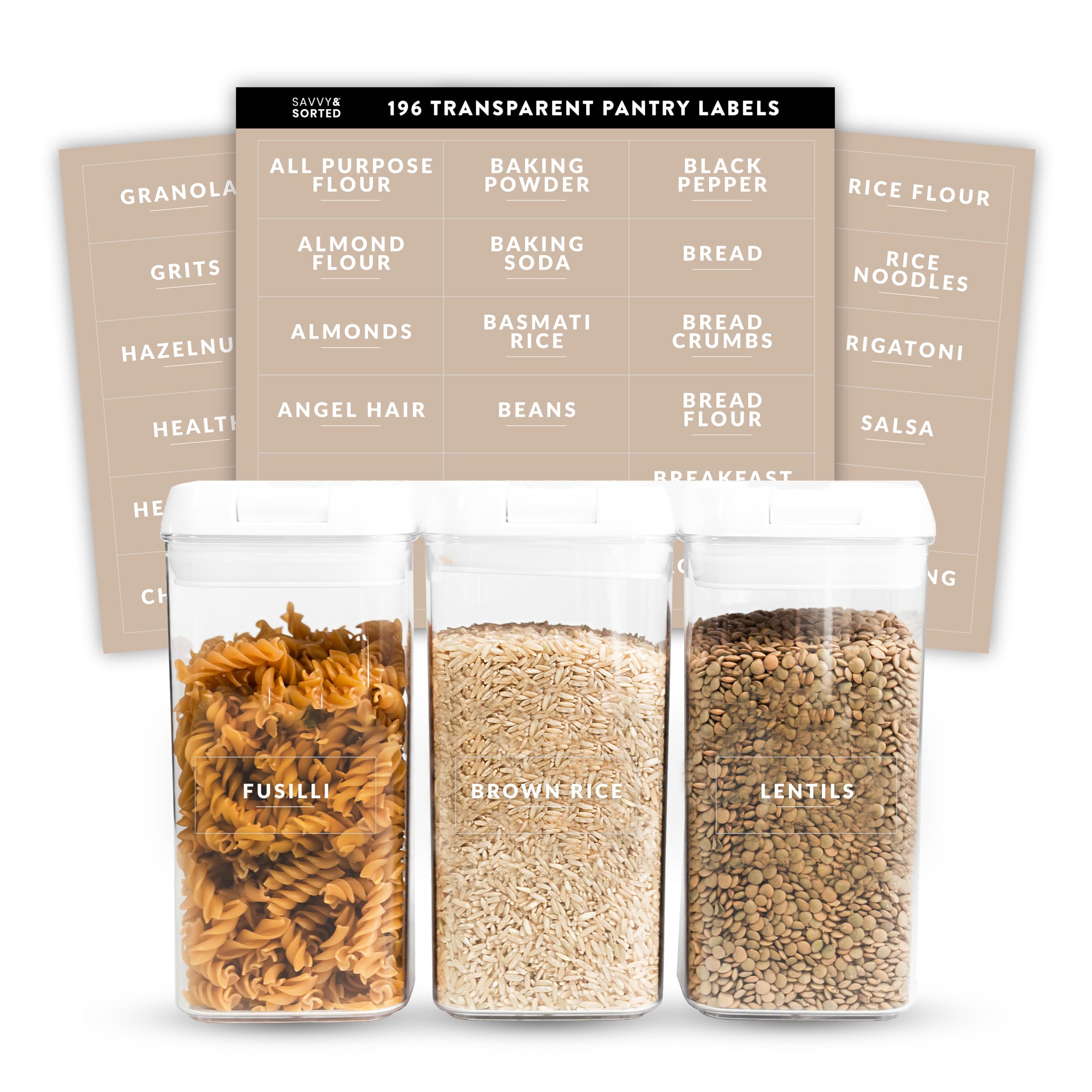 SAVVY & SORTED Pantry Labels for Food Containers, 198 Modern Font Kitchen Labels for Containers on Clear Sticker, Waterproof Scratch Resistant, Organize Pantry Essentials