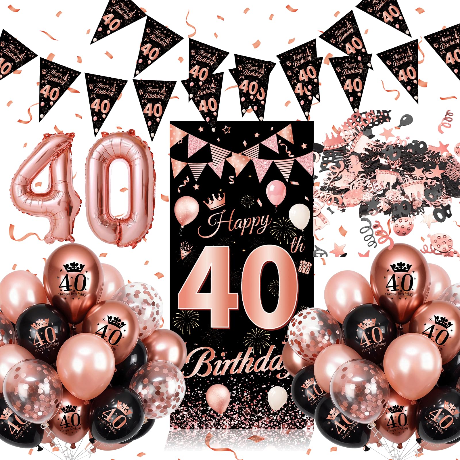 40th Birthday Decorations for Women,Black Rose Gold 40th Birthday Decoration Balloons for Women,Happy 40th Birthday Banner Decorations,40th Birthday Party Decorations with Confetti,Triangle Flag