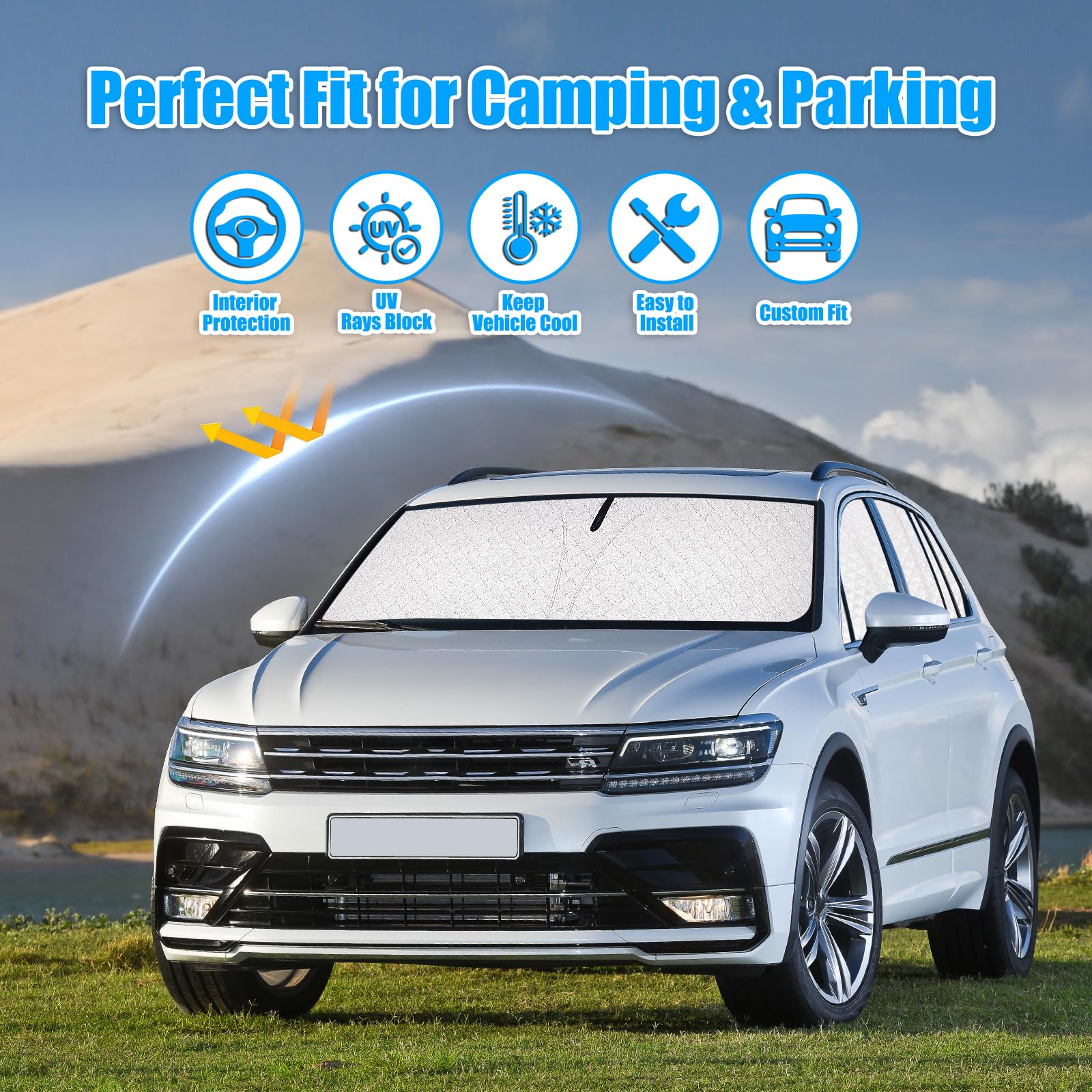 Parasol Coche para VW Tiguan II 2016-2024 Parabrisas Plegable (8 Piezas) | XCBYT, Parasol a Medida Parabrisas Trasero y Ventanas, Tejido reforzado de 6 capas , Cortina Privacidad