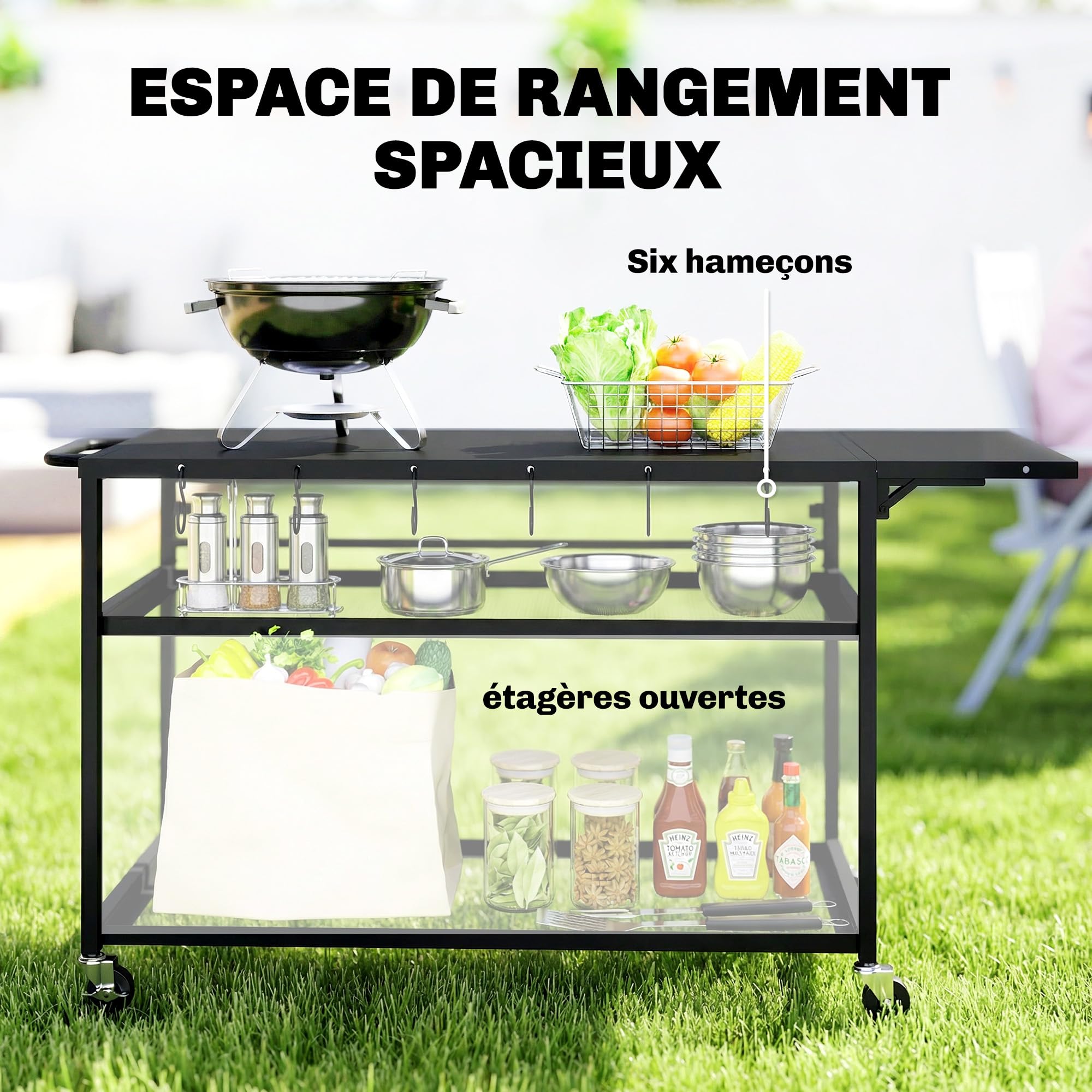 Outsunny - Carro de barbacoa con ruedas, isla de cocina con bandeja lateral plegable, tres estantes, ganchos y punzonado, 133 x 48,5 x 82 cm, color negro