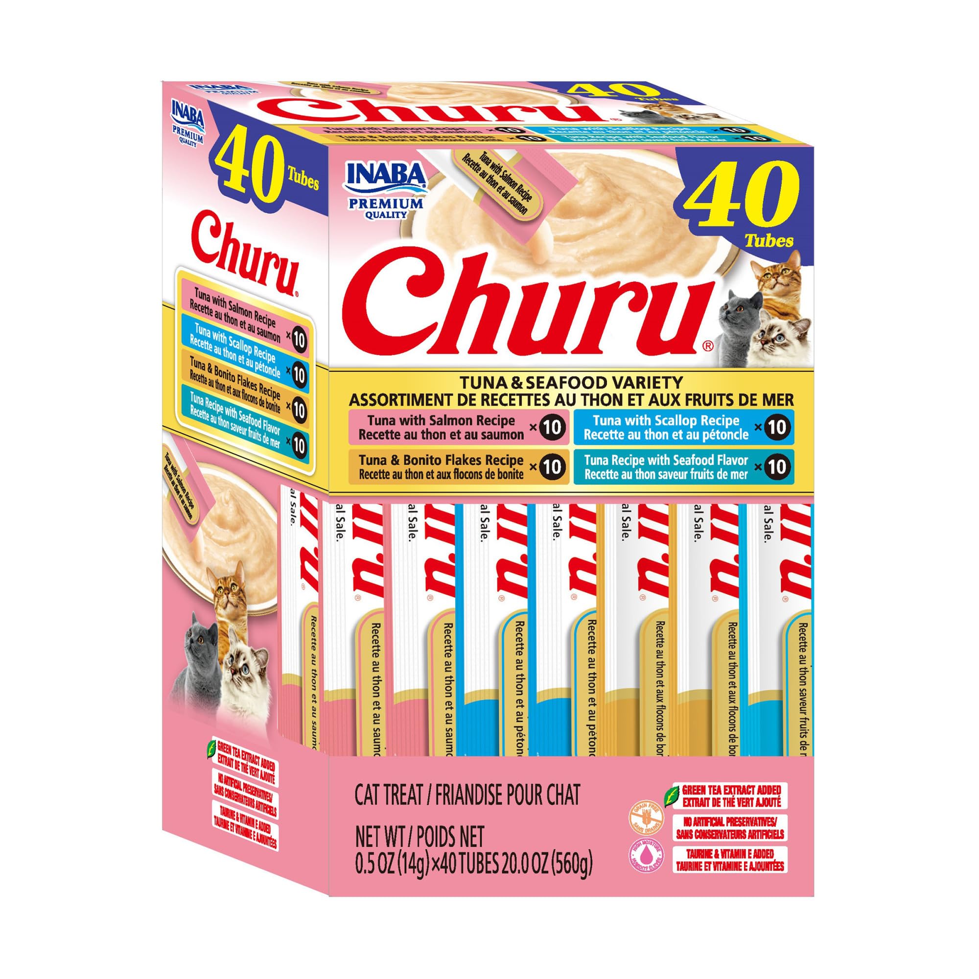 INABA Churu Cat Treats, Lickable, Squeezable Creamy Purée Cat Treat with Green Tea Extract &amp; Taurine, 0.5oz. Each Tube, 40 Tubes, Tuna &amp; Seafood Variety