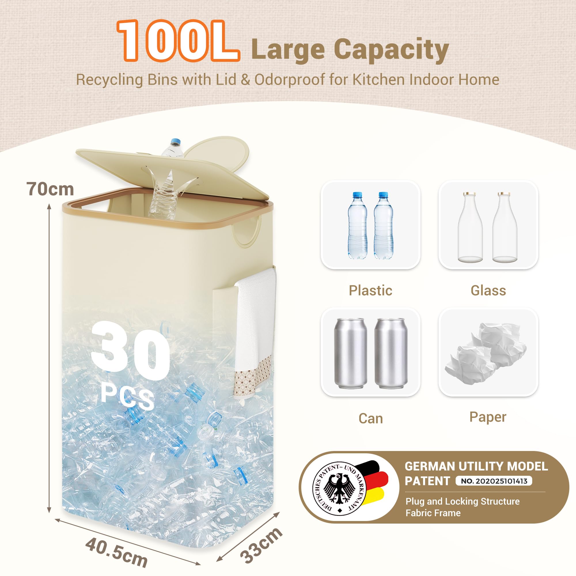 YOUDENOVA 100L Pfandflaschen Sammelbehälter mit Deckel Geruchsdicht Mülleimer Küche Flaschensammler Leergut Altglas Aufbewahrung Recycling Behälter Beige