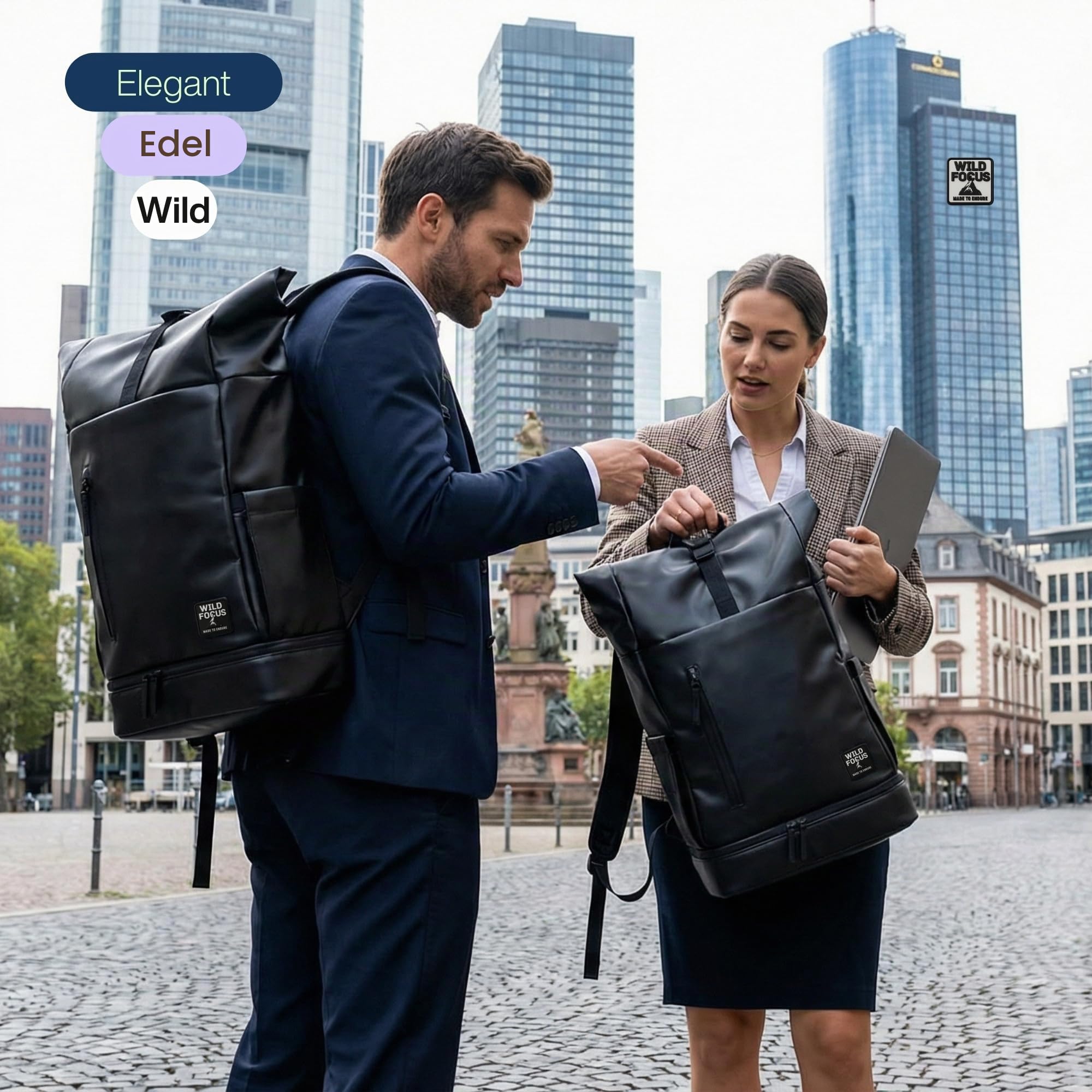 WildFocus Bagpack | Rucksack Damen & Herren | Rolltop Rucksack mit 16" Laptopfach | Backpack ideal für Reisen, City, Uni, Arbeit | wasserabweisend | Vegan Leather (Berlin)
