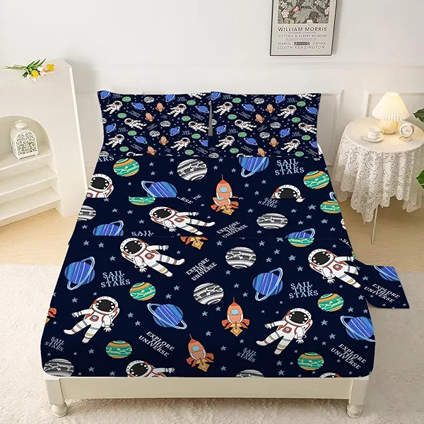 VTKON Navy Blue Space Sheets Set Twin for Boys Bedroom Kids Cartoon Space Rocket Planets Bedding Set with 1 Fitted Sheet, 1 Flat Sheet and 2 Pillowcases