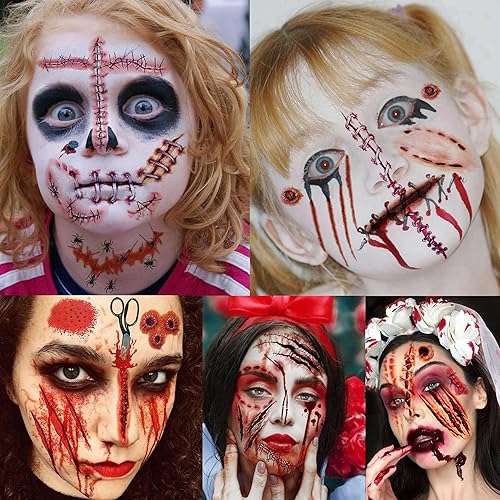 Miniatura 5 de Billzar - Juego de 138 piezas de tatuajes de cicatrices falsas de Halloween para hombres, adultos, mujeres y niños, kit de maquillaje de zombi, 18