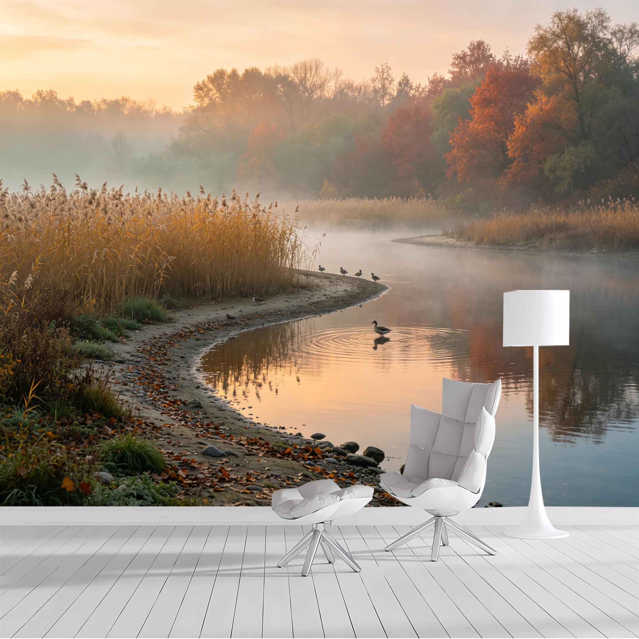 Custom Size Wall Mural Misty Autumn Lake Reeds & Birds Serene Landscape Photography SelfAdhesive Wall Fabric Removable Peel and Stick Wallpaper Wall Decor for Living Room Bedroom Bathroom