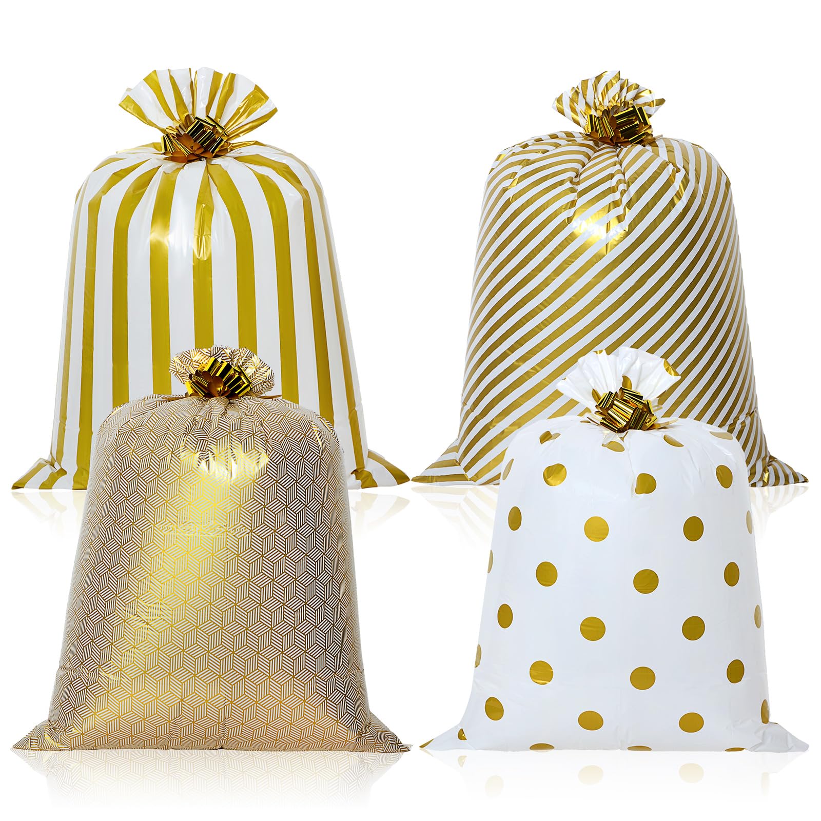 Fulmoon 4 Pcs 48 Inch Jumbo Gift Bag Golden Extra Large Bags with Pull Flowers, Plastic Giant Gift Oversized Wrapping for Graduation Wedding Birthday Baby Shower(Gold)