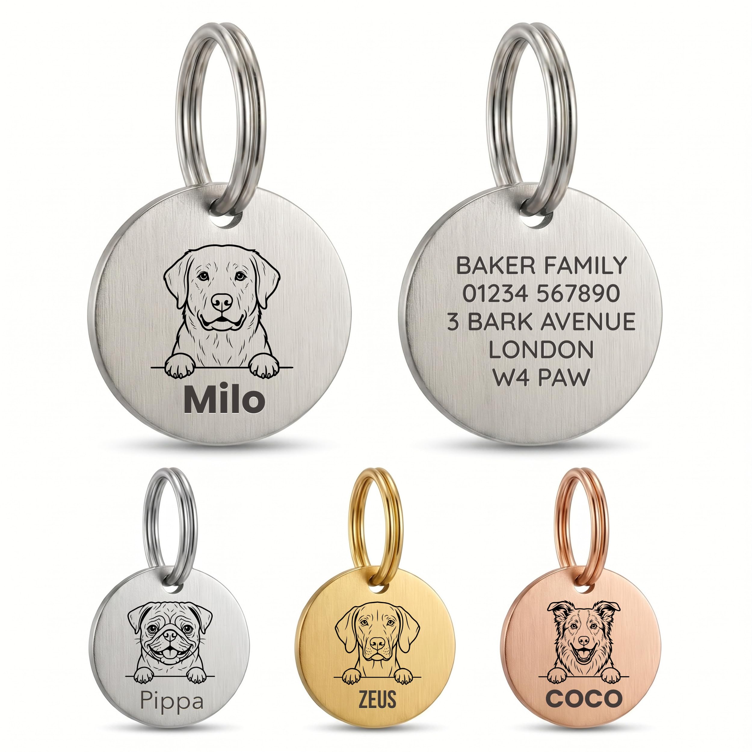 The Stately Hound Dog Name Tags Engraved UK, Silver Round, Large