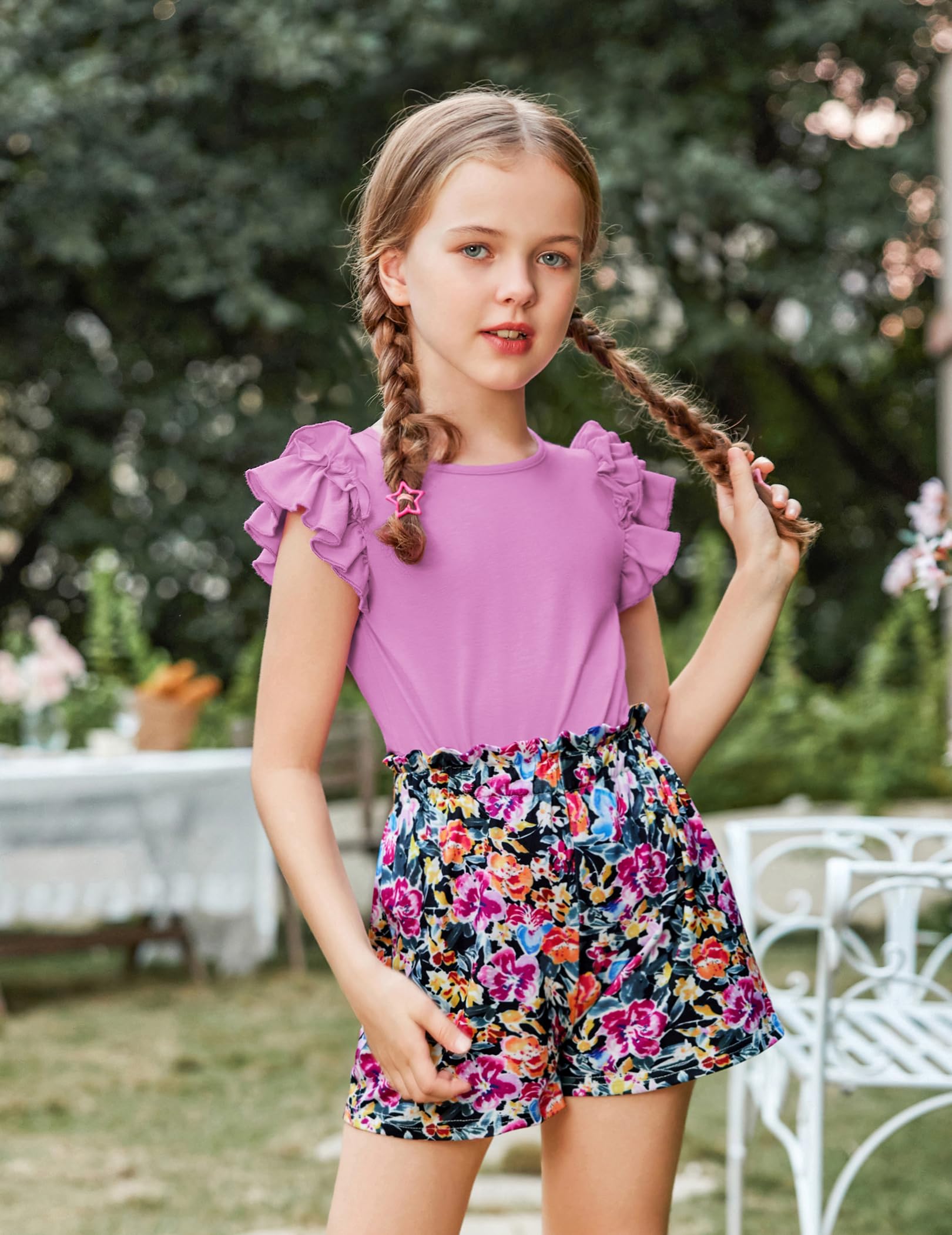 Arshiner Conjuntos Ropa Niñas Verano Monocolor Camiseta Pantalones Cortos Conjunto Niños Algodón Manga Volantes Conjunto Ocio Moda 2-Piezas Ropa con Bolsillo 6-14 Años