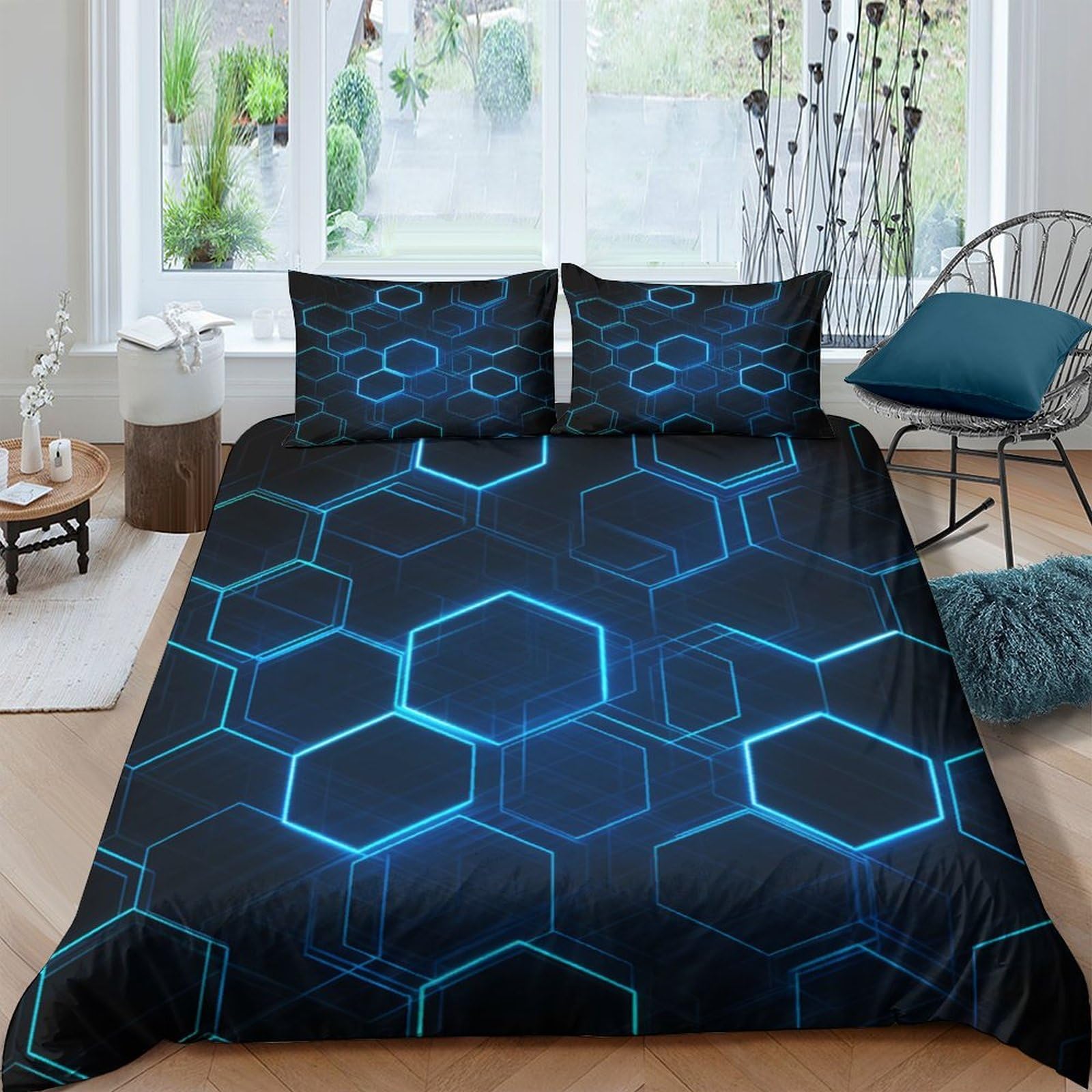 GPLZQXKJNH 3D Printed Blue Hexagon Duvet Cover Microfiber Soft Breathable Futuristic Grid Bedding Set with 2 Pillowcases for Bedroom Home Single（135x200cm）
