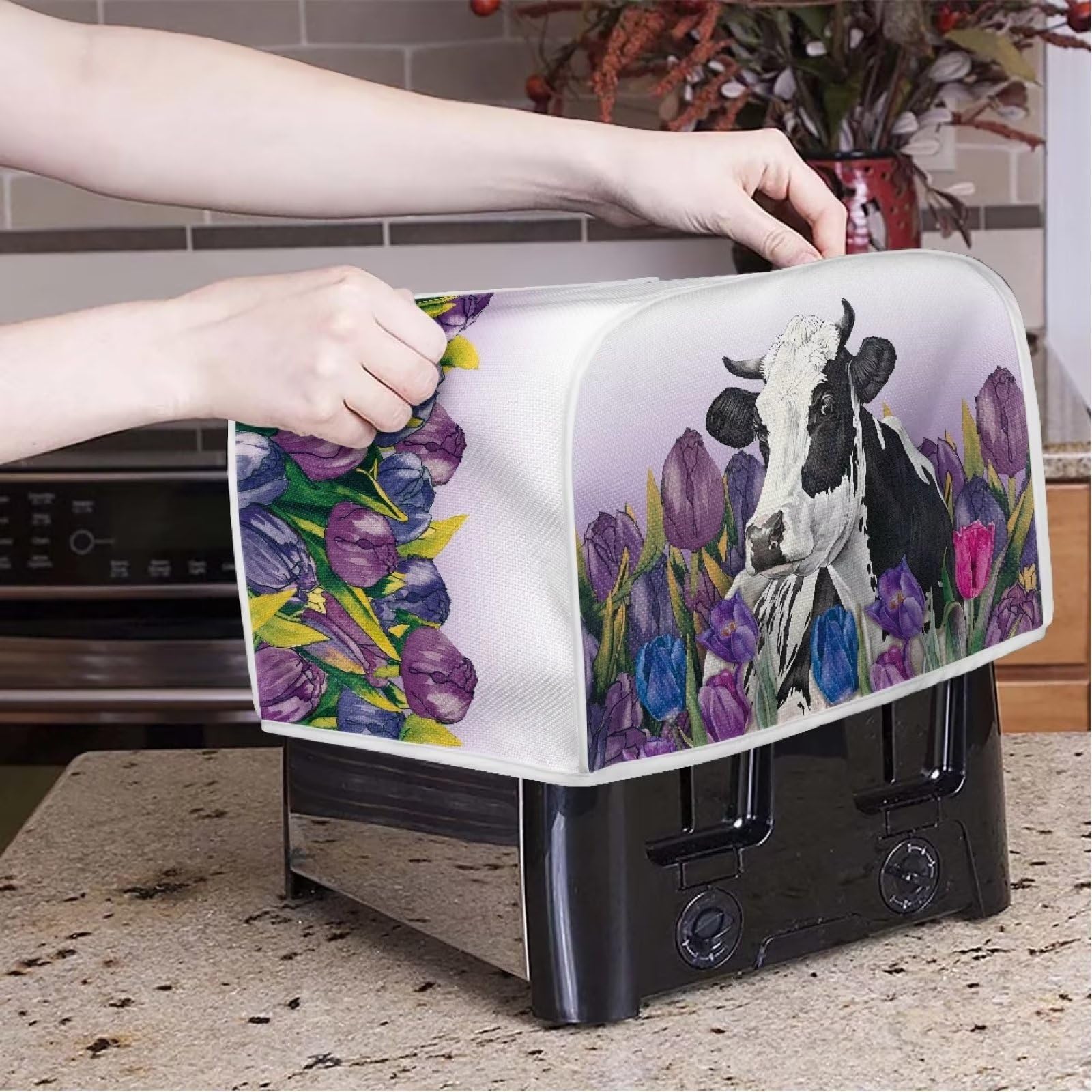 JSLXYYBQ Tulip Cow Print Toaster Cover 4 Slice Wide Slot Kitchen Appliance Durable Bread Maker Covers with Zipper Fingerprint Protection Women Gift