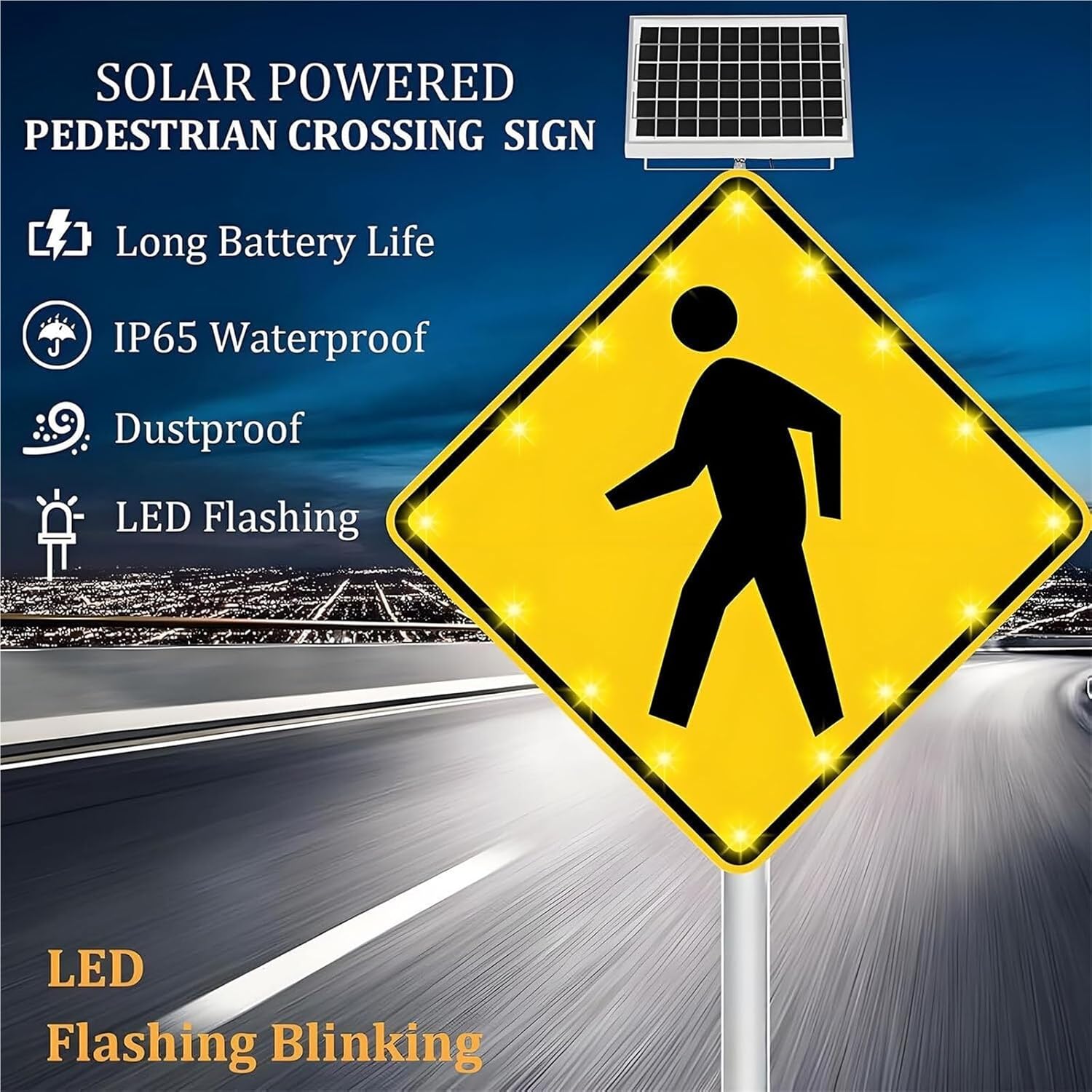 Flashing LED Solar Pedestrian Crossing Sign - Weatherproof Aluminum Traffic Warning Sign for Safe Crosswalks (80x80cm) - Bright Blinking Street Alert Device