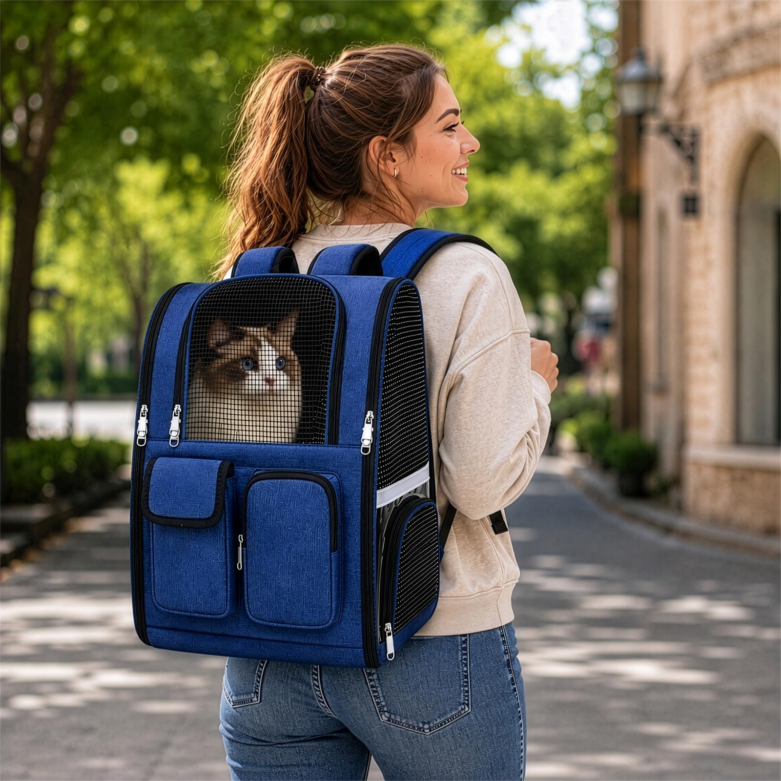 BREEZENEST Ventilated Dog Cat Backpack Carrier for Small Pets Breathable Mesh Hiking Walking Travel Bag with Adjustable Straps, Multiple Compartments Side Pockets Zipper Closure Shoulder Straps (Blue)