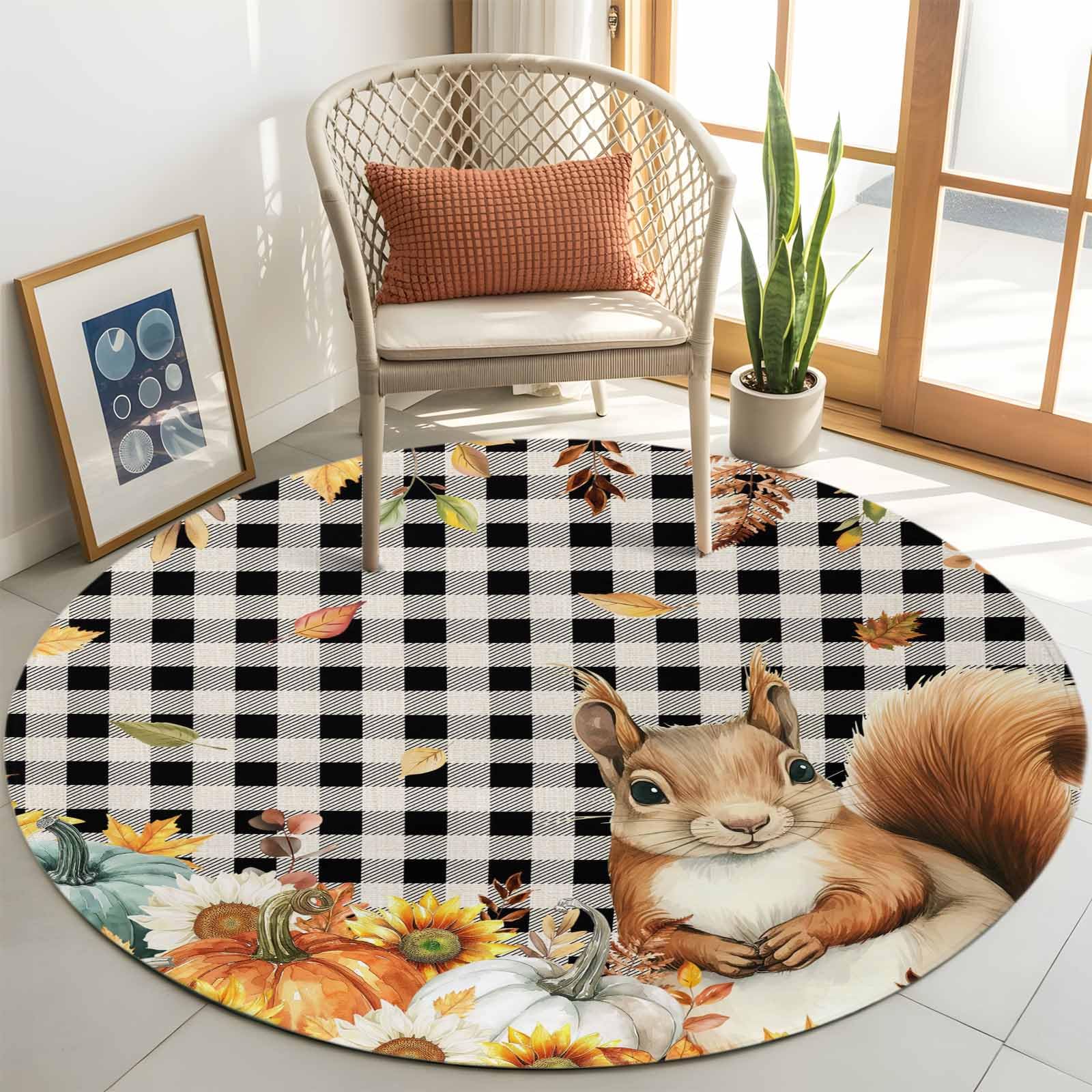Thanksgiving Black Squirrel Area Rug Carpet for Kids Teen Girls Boys Bedroom, Living Room, Harvest Pumpkin Buffalo Plaid Washable Outdoor Indoor