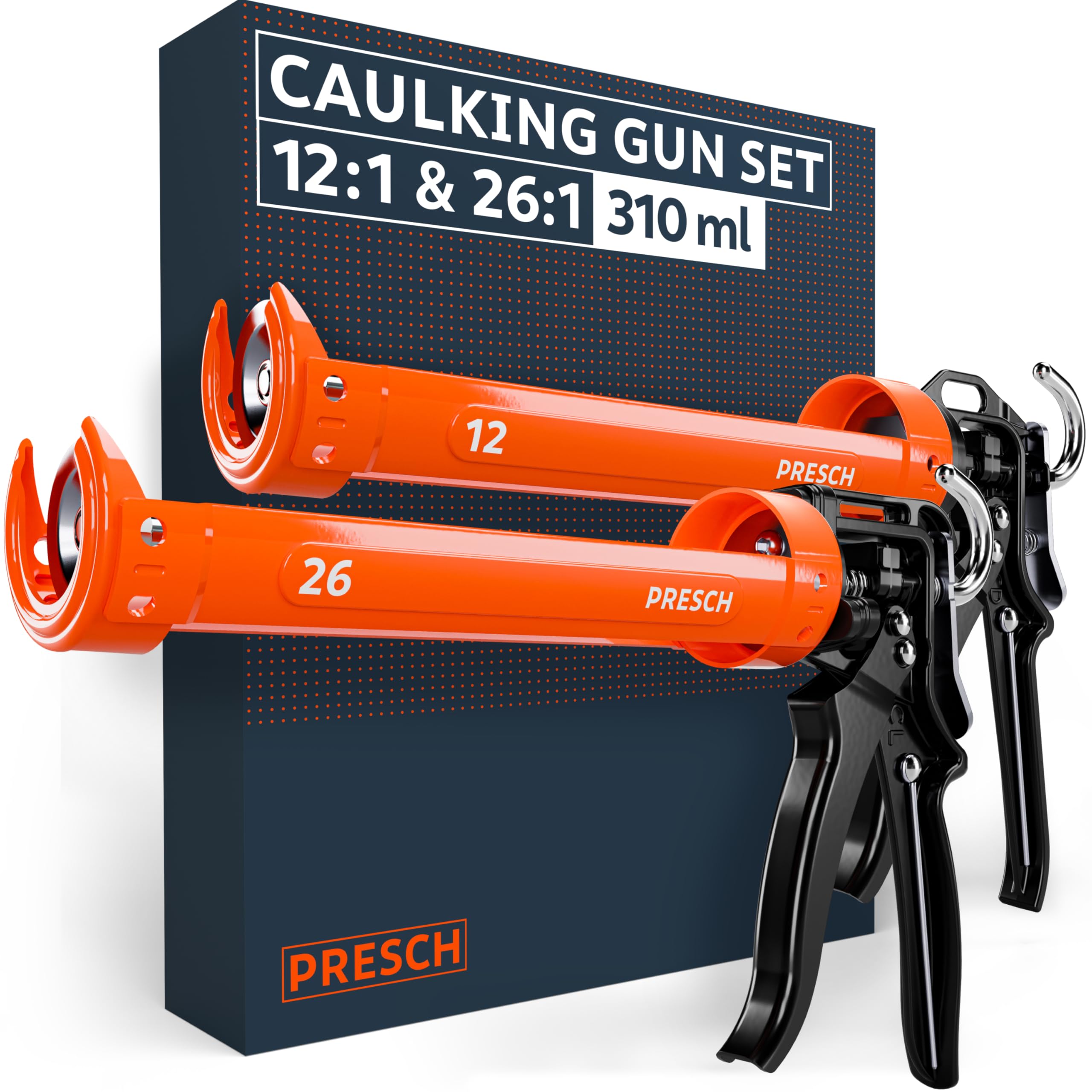 Presch Silicone Gun Set 26:1 & 12:1 with Drip-Stop – Caulking Guns for up to 310ml cartridges (Acrylic & Silicone to High Tack Adhesive) – 360° Rotating Barrel with Integrated Puncture pin